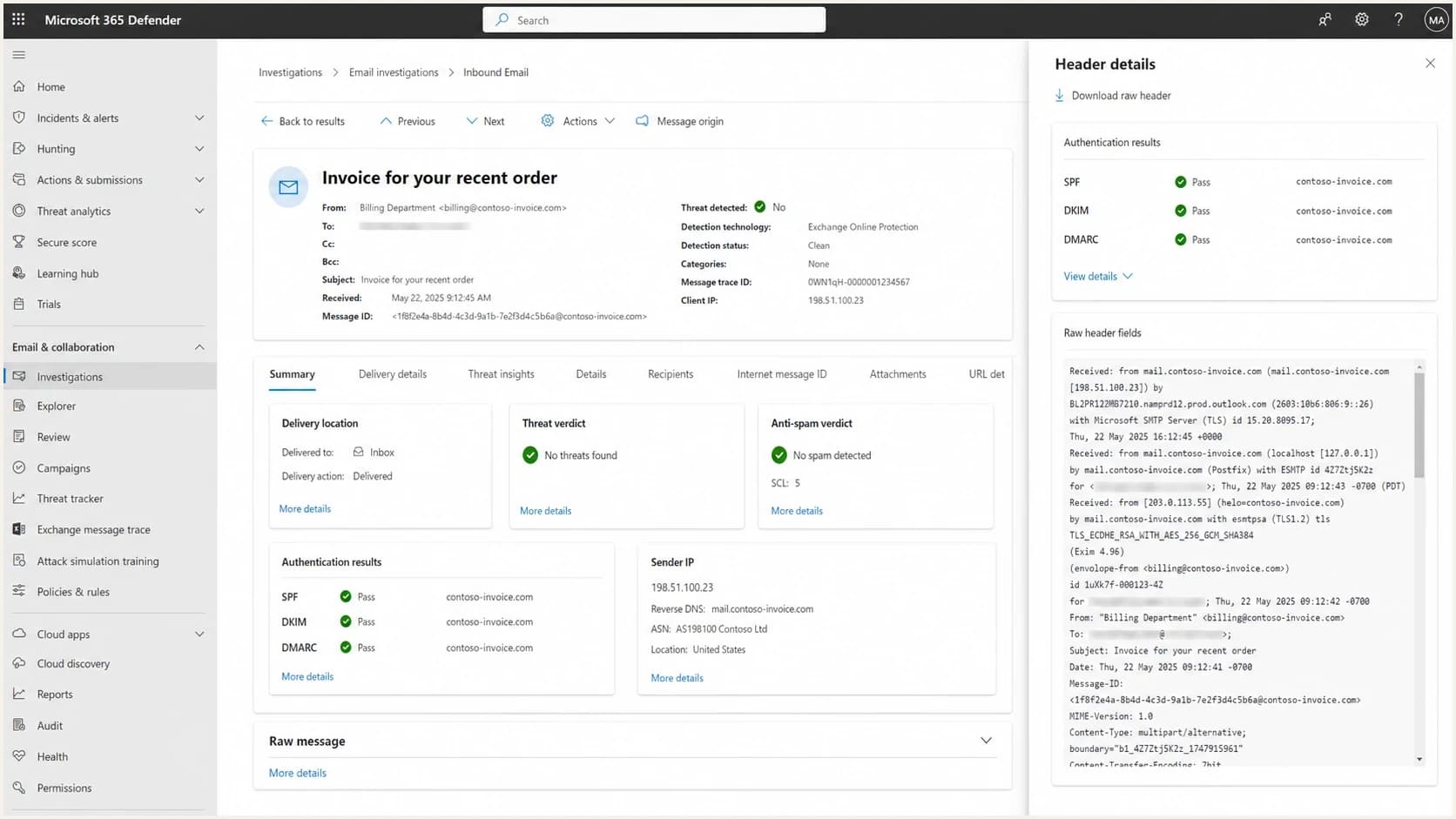 Microsoft Defender portal message details showing SCL 5, spam verdict, and SPF, DKIM, DMARC results.