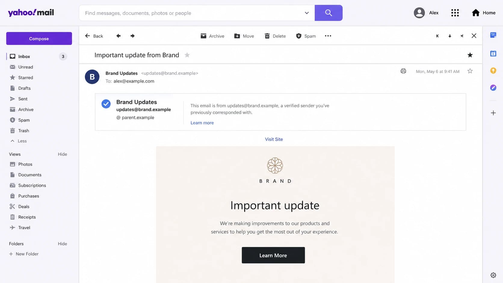 Yahoo Mail message view showing a Visit Site link above an email.