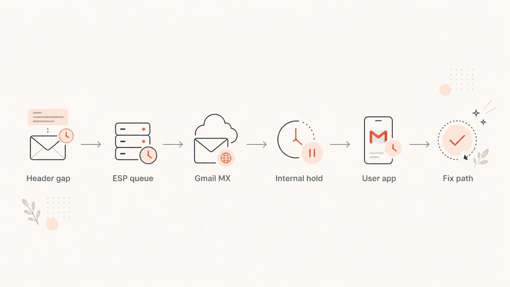 Flowchart for diagnosing Gmail delivery delay from message headers.