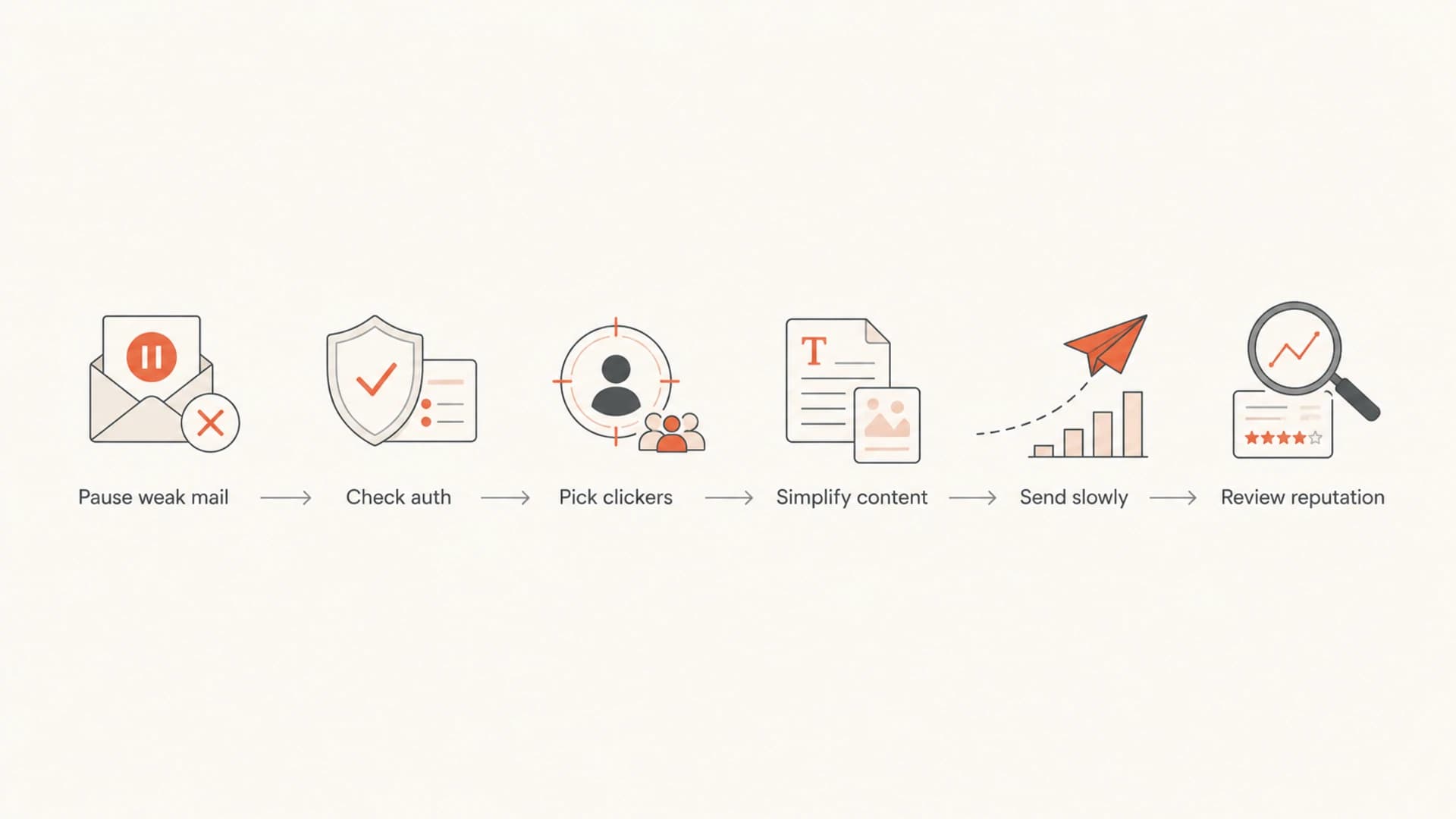 A six-step flowchart for recovering Gmail sender reputation.