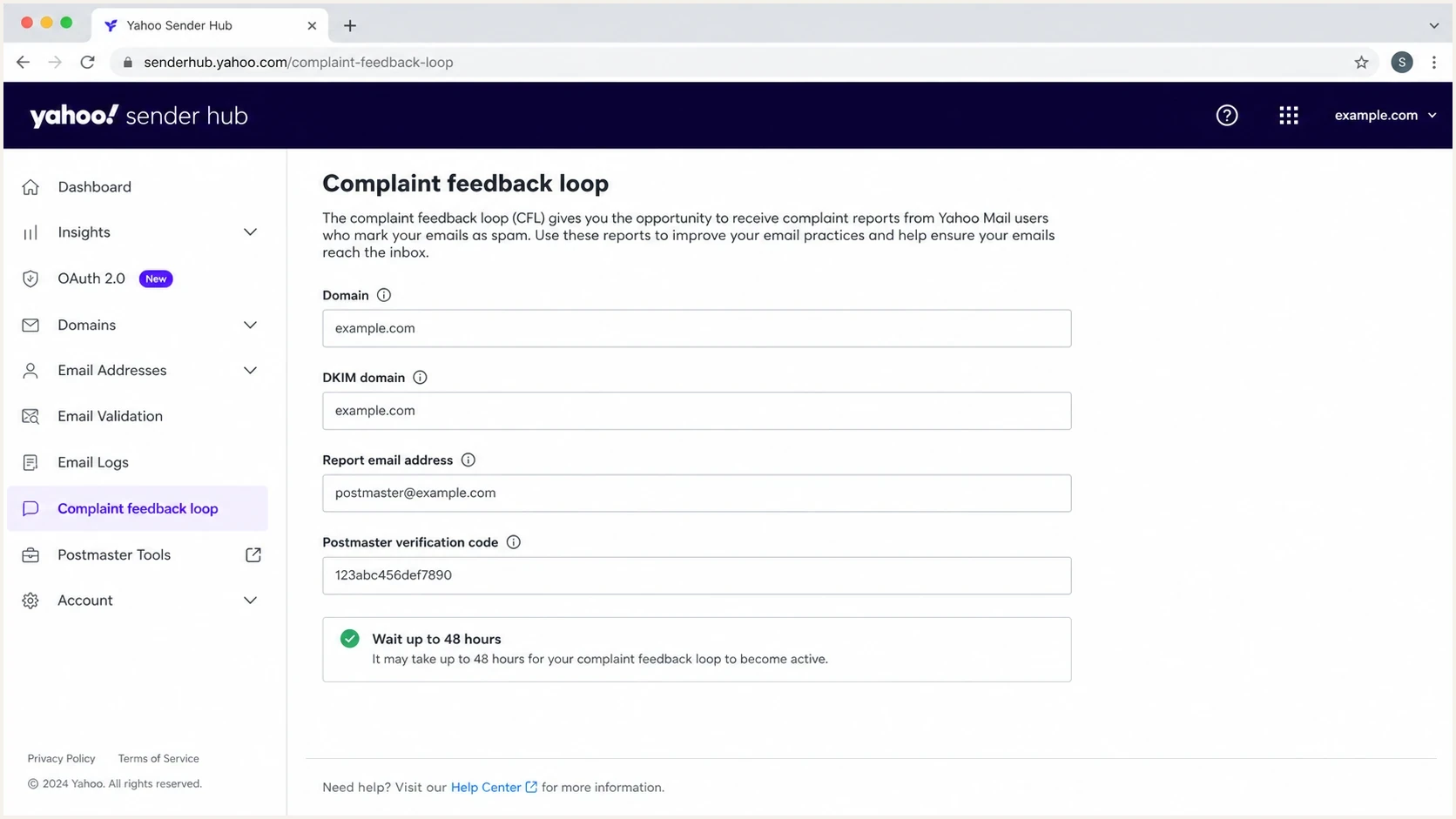 Yahoo Sender Hub complaint feedback loop setup screen.