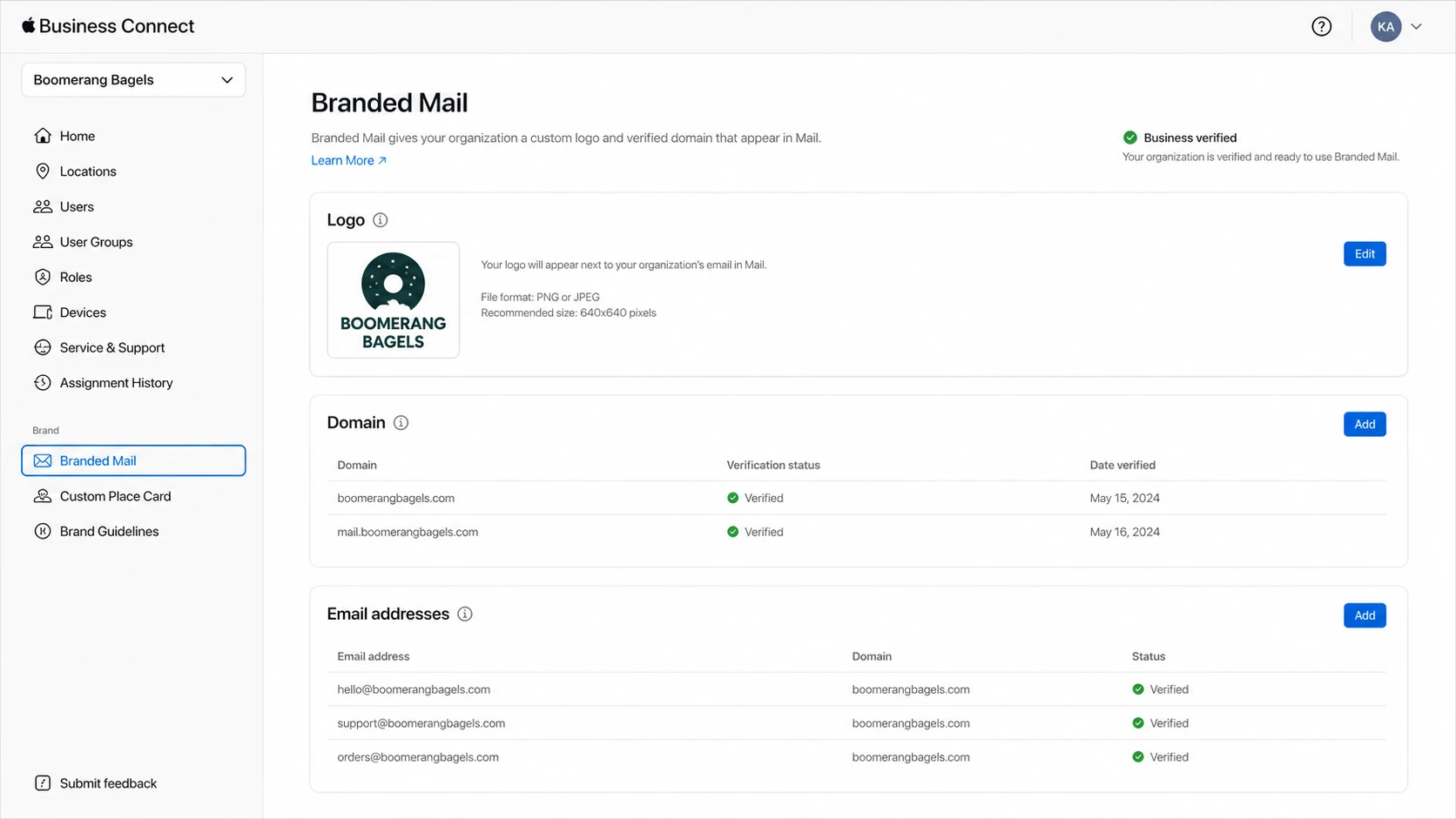 Apple Business Connect Branded Mail setup screen with verified domain and logo.