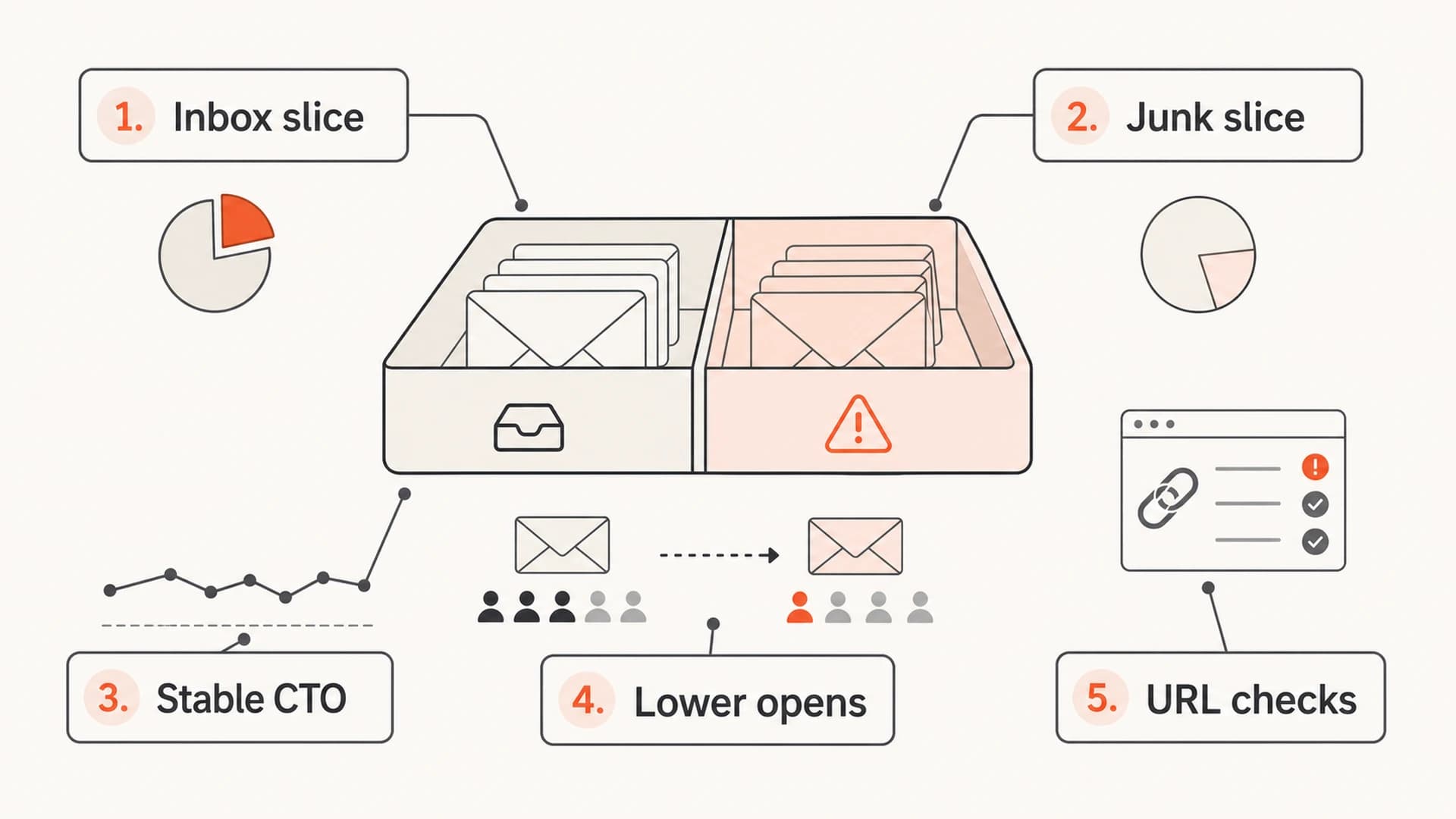 Diagram showing partial Microsoft spam placement with stable click-to-open rates.