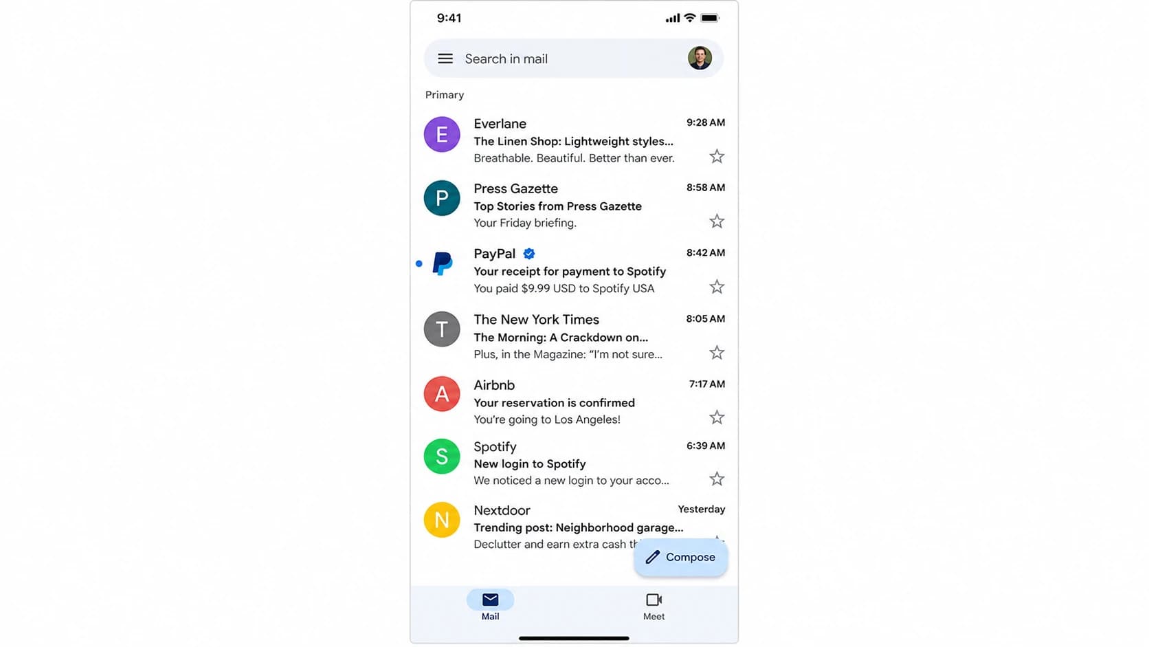 Gmail mobile inbox list with sender logo circles beside messages.