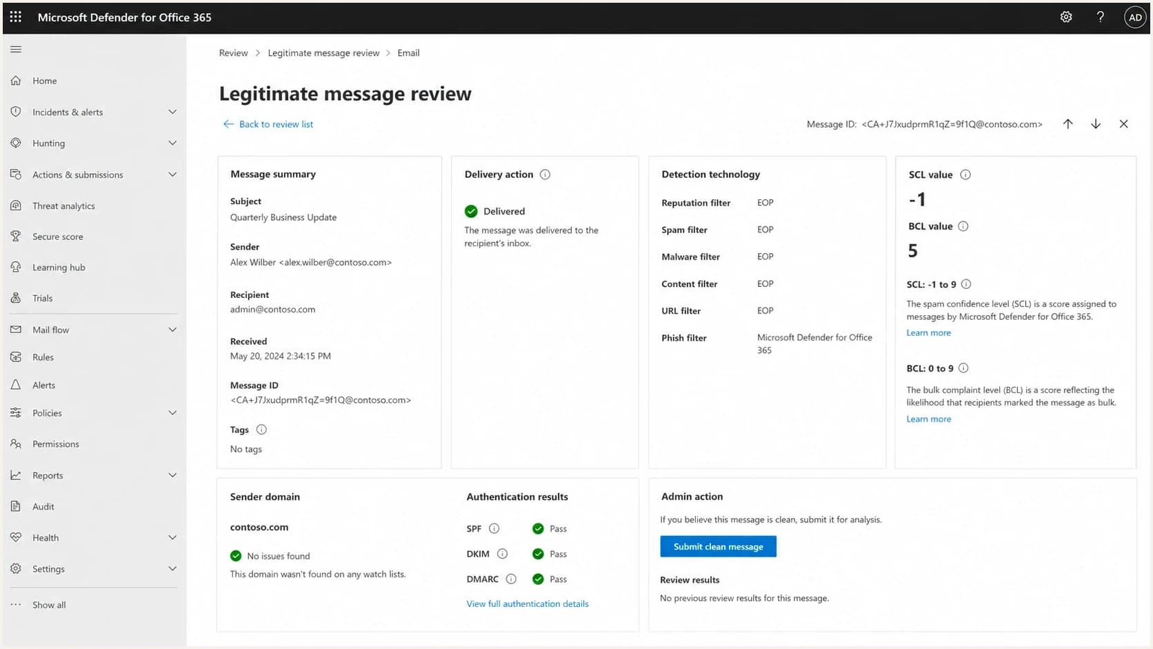 Microsoft Defender for Office 365 can show why a tenant filtered a message.