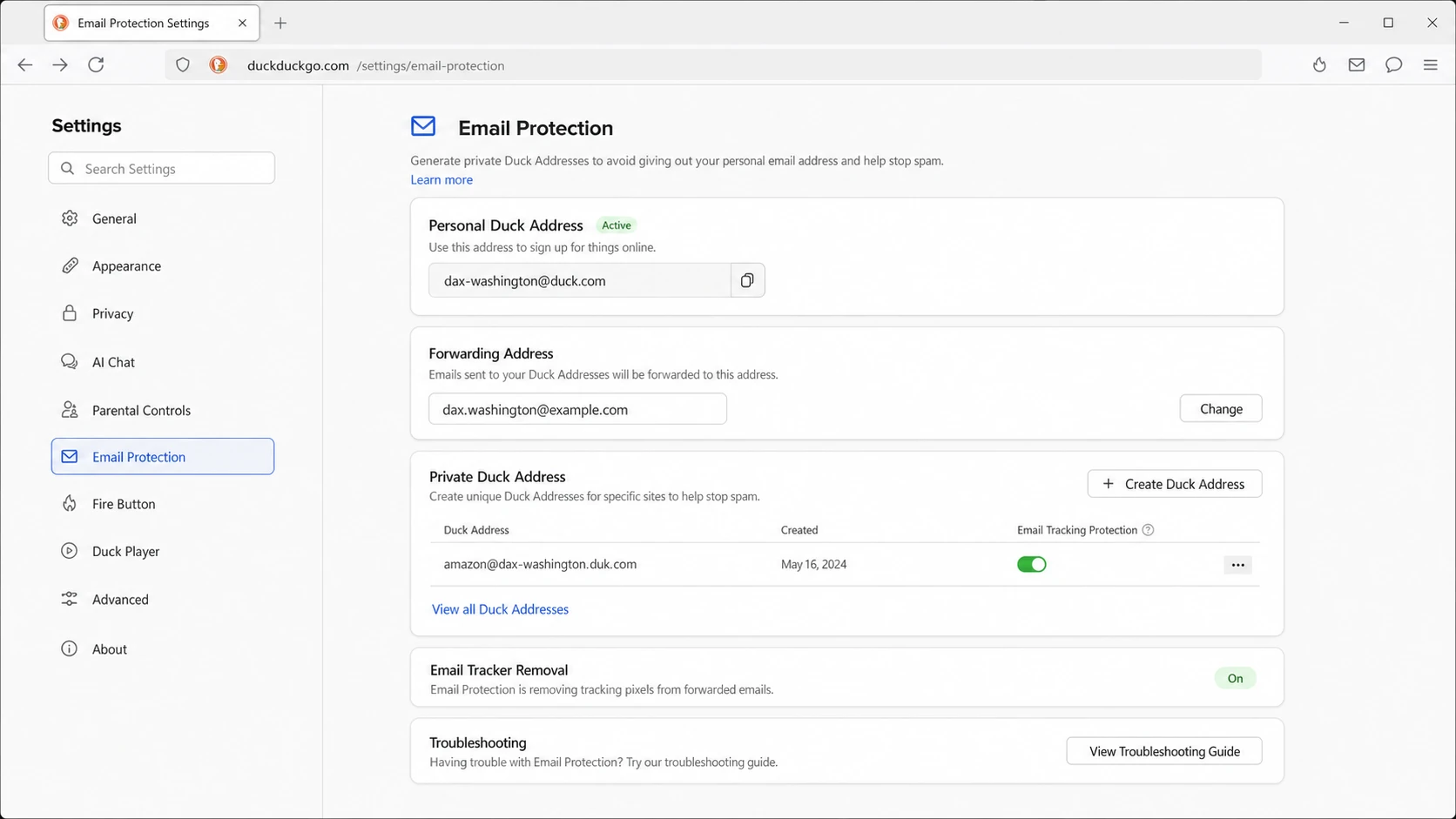 DuckDuckGo Email Protection settings screen with forwarding controls.