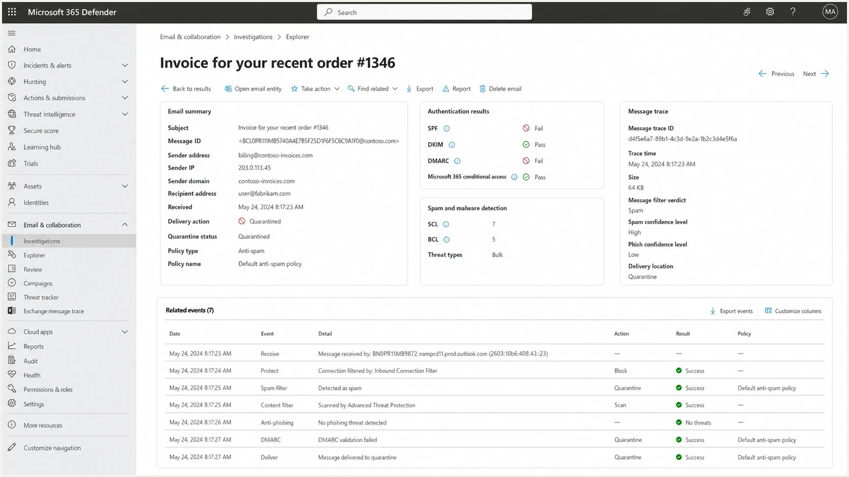 Microsoft 365 Defender message details showing verdict and policy data for a deliverability case.