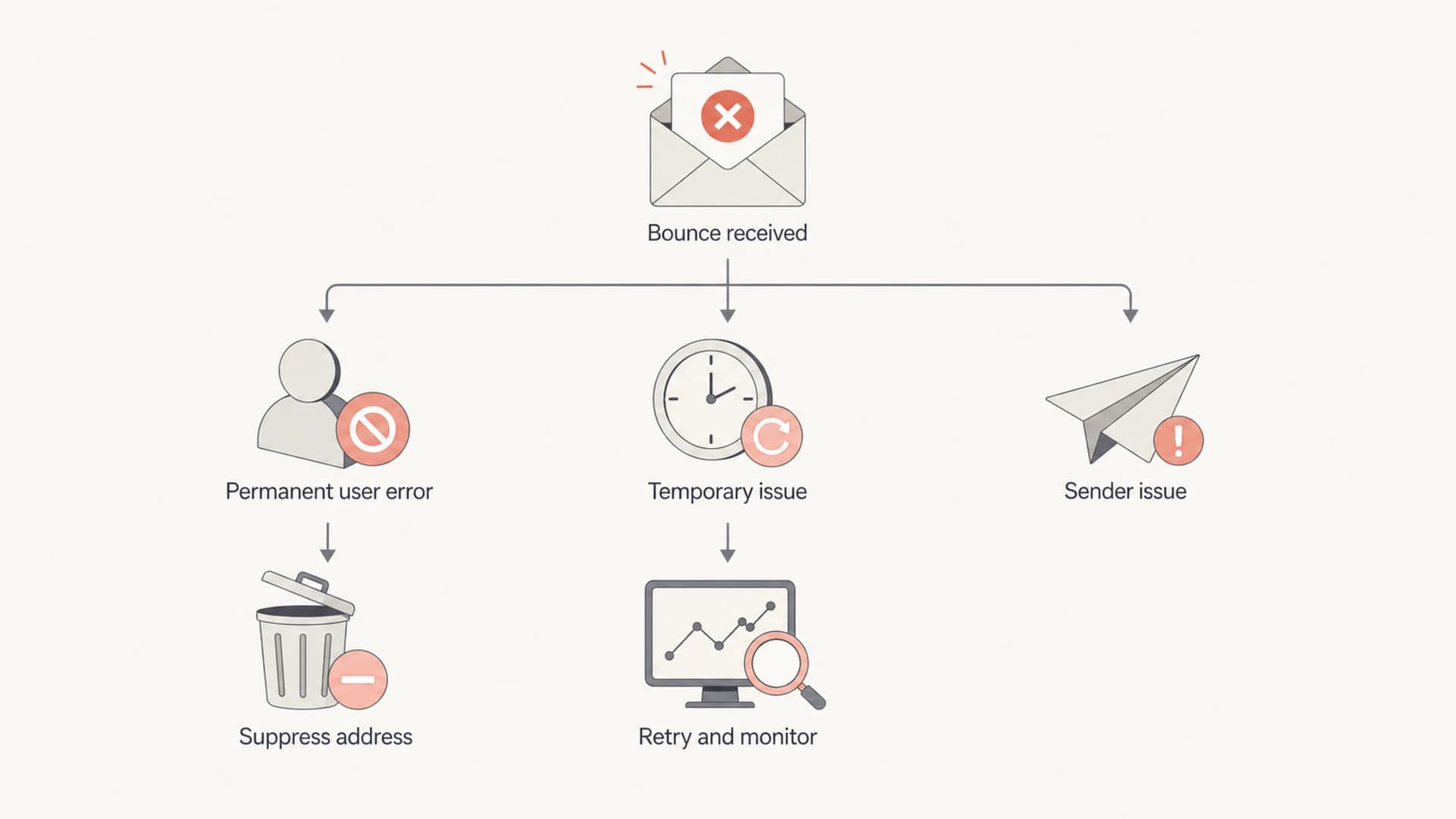 A flowchart separating permanent bounce suppression from temporary retries and sender issue investigation.