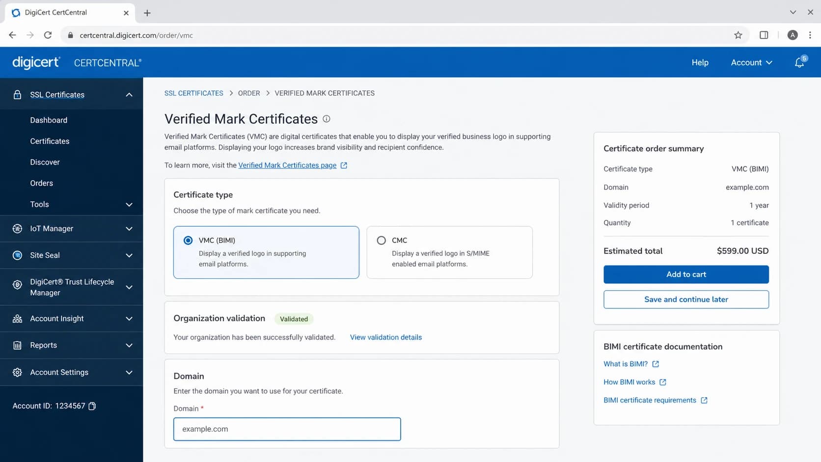DigiCert CertCentral screen for VMC and CMC certificate ordering