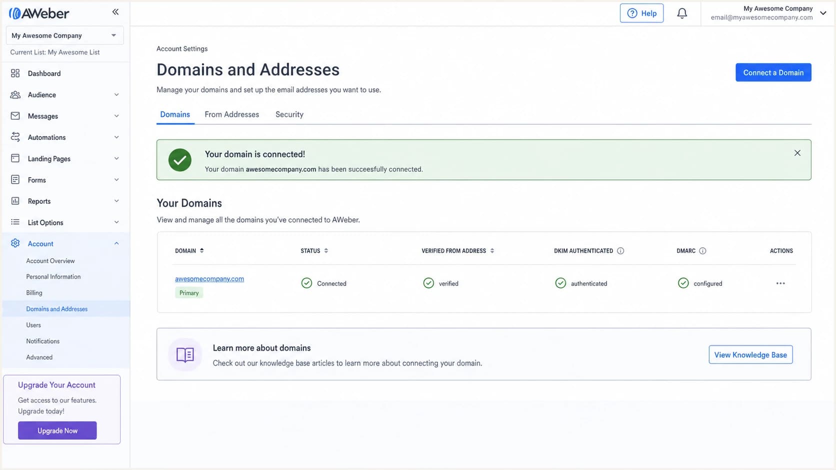 AWeber domain showing DKIM and DMARC configured