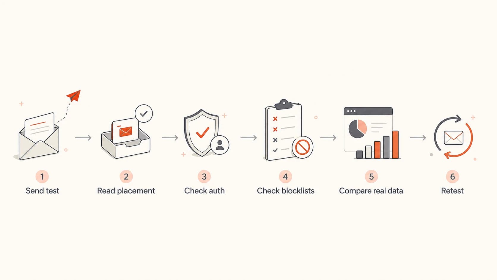 Flowchart showing a practical inbox placement testing workflow.