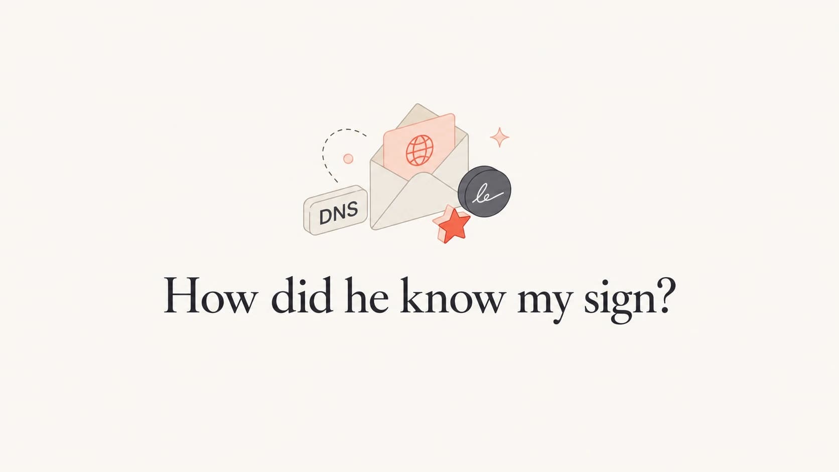 An envelope, signature mark, DNS label, and star icon around the title How did he know my sign?