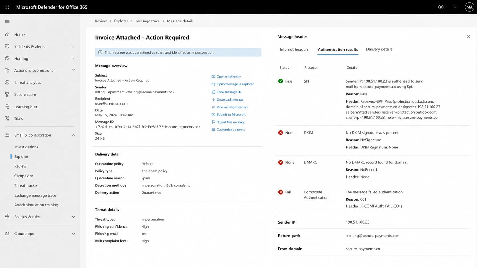 Microsoft Defender message details with SPF, DKIM, DMARC, compauth fail, and reason 001 results.