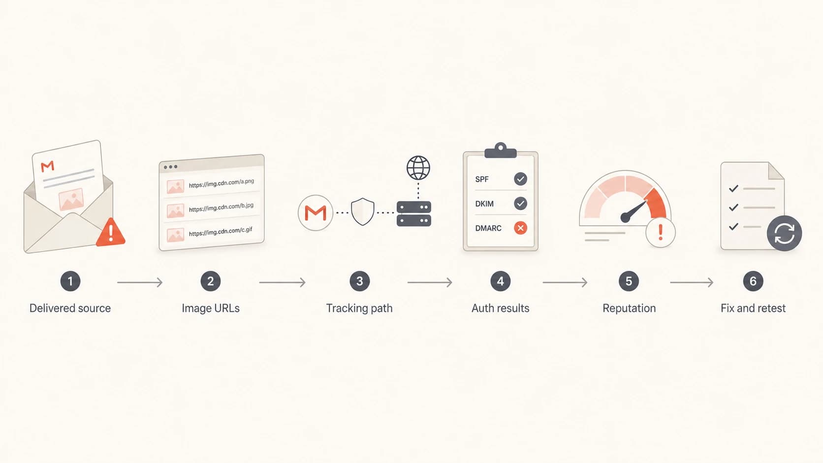 Flowchart for diagnosing Gmail image hiding warnings.