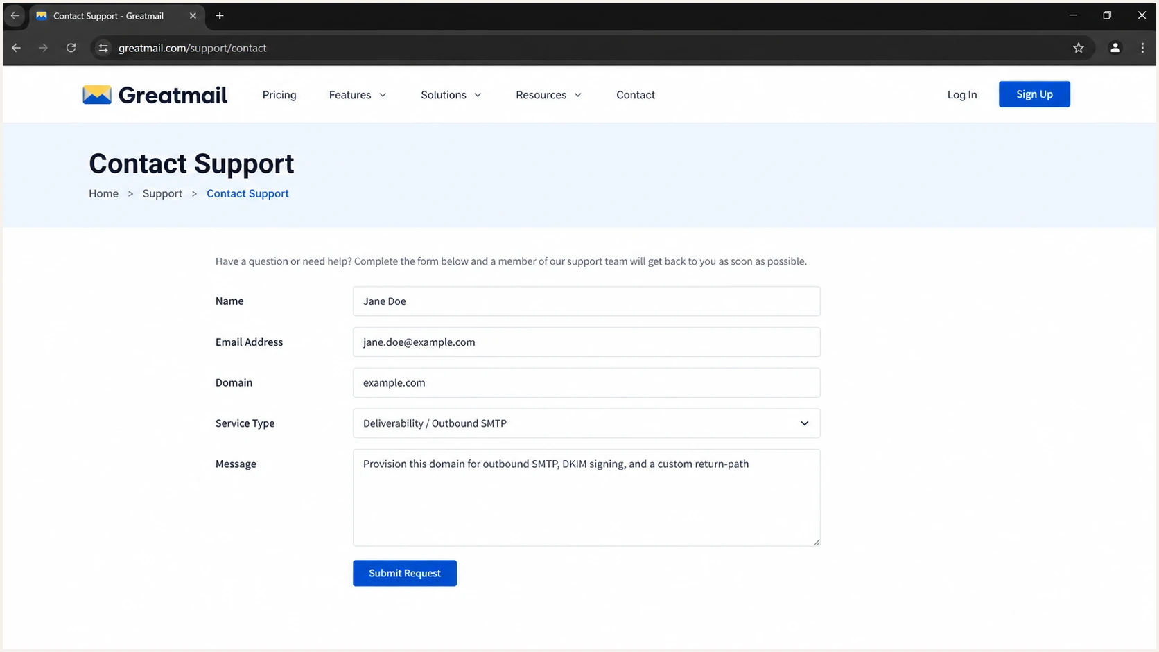 Greatmail support request for domain provisioning