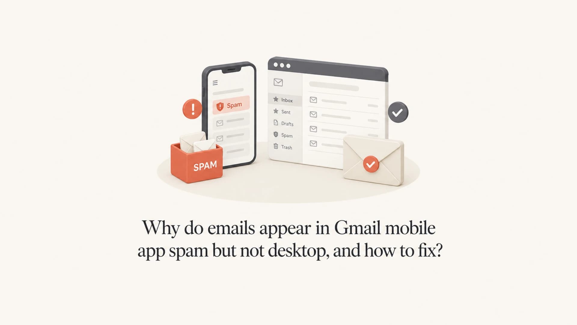 Gmail mobile spam and desktop Gmail views showing different mailbox states.