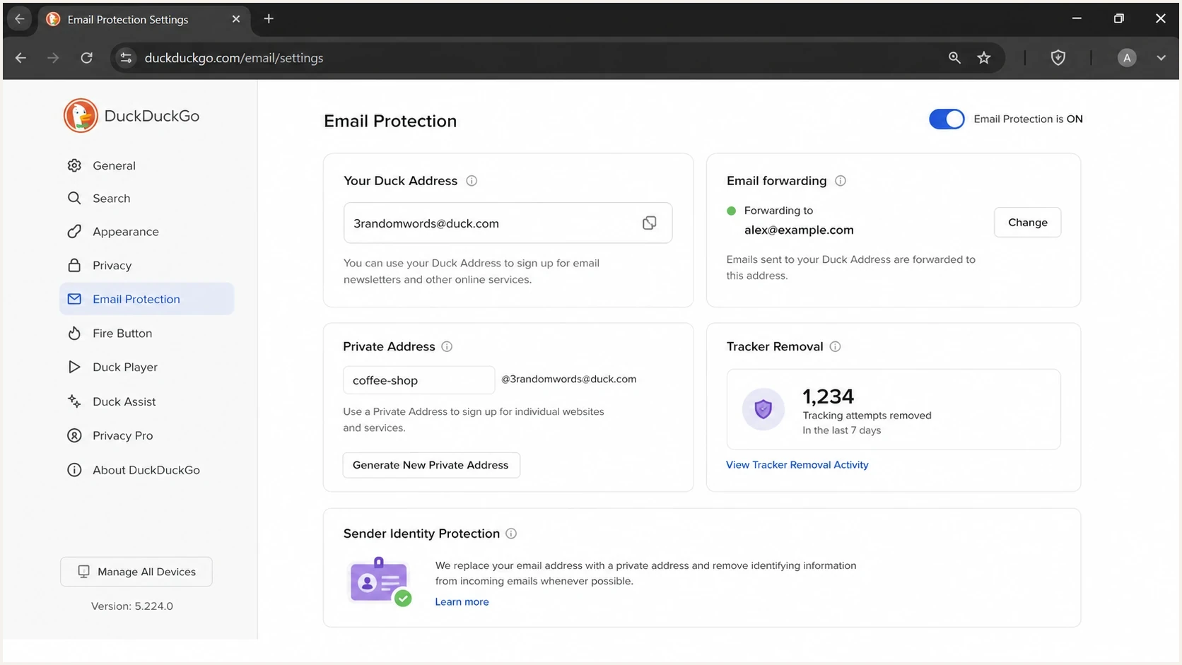 DuckDuckGo Email Protection screen with Duck Address and forwarding settings.