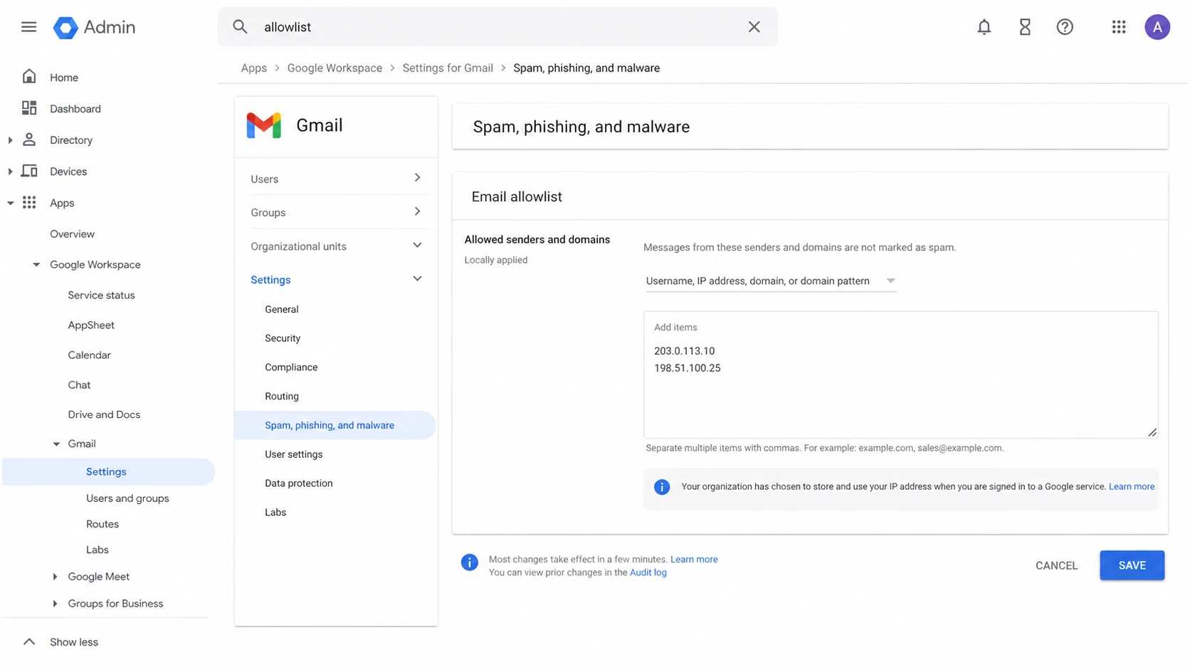 Google Admin console screen showing Gmail allowlist controls.