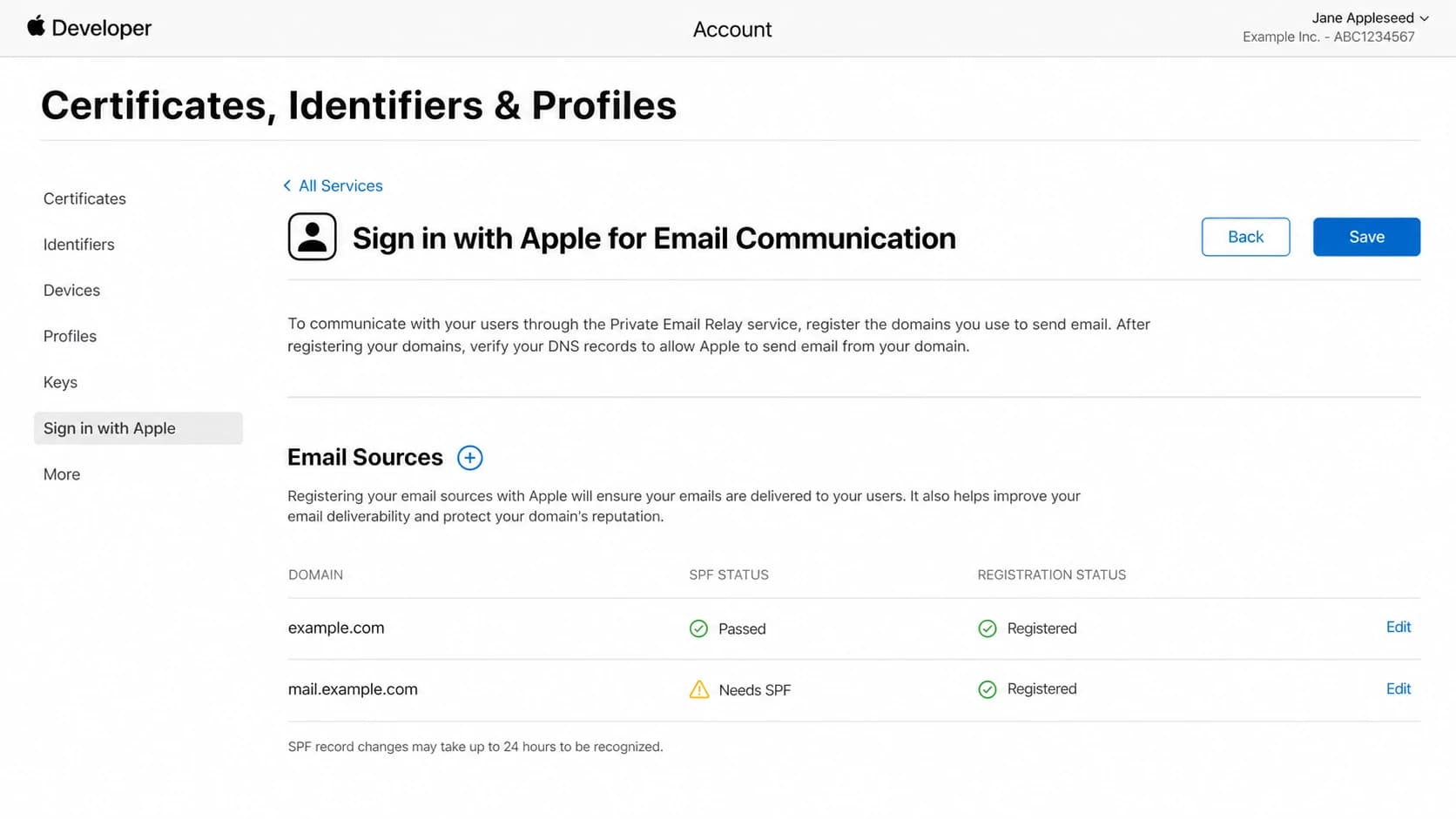 Apple Developer Account screen for registering Private Email Relay sources.