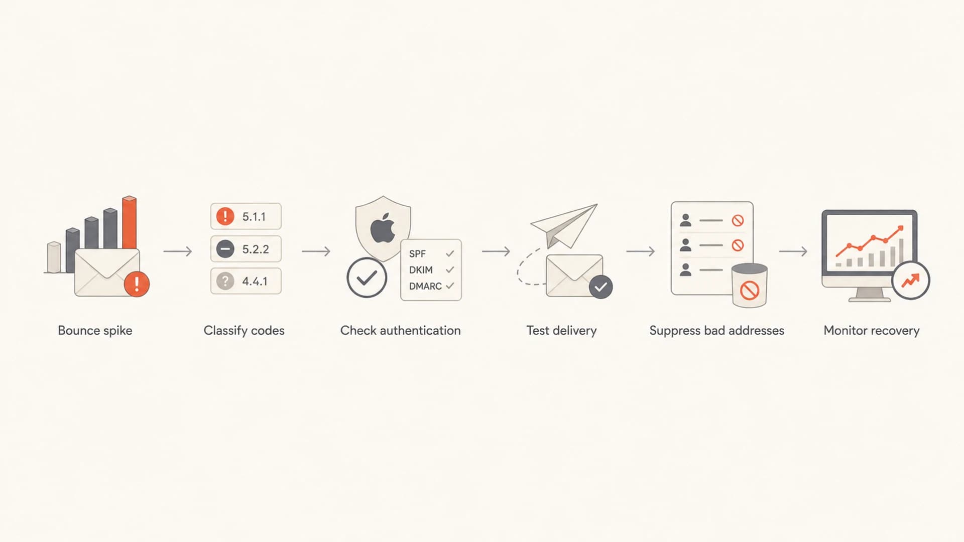 Flowchart showing Apple-domain bounce remediation steps.
