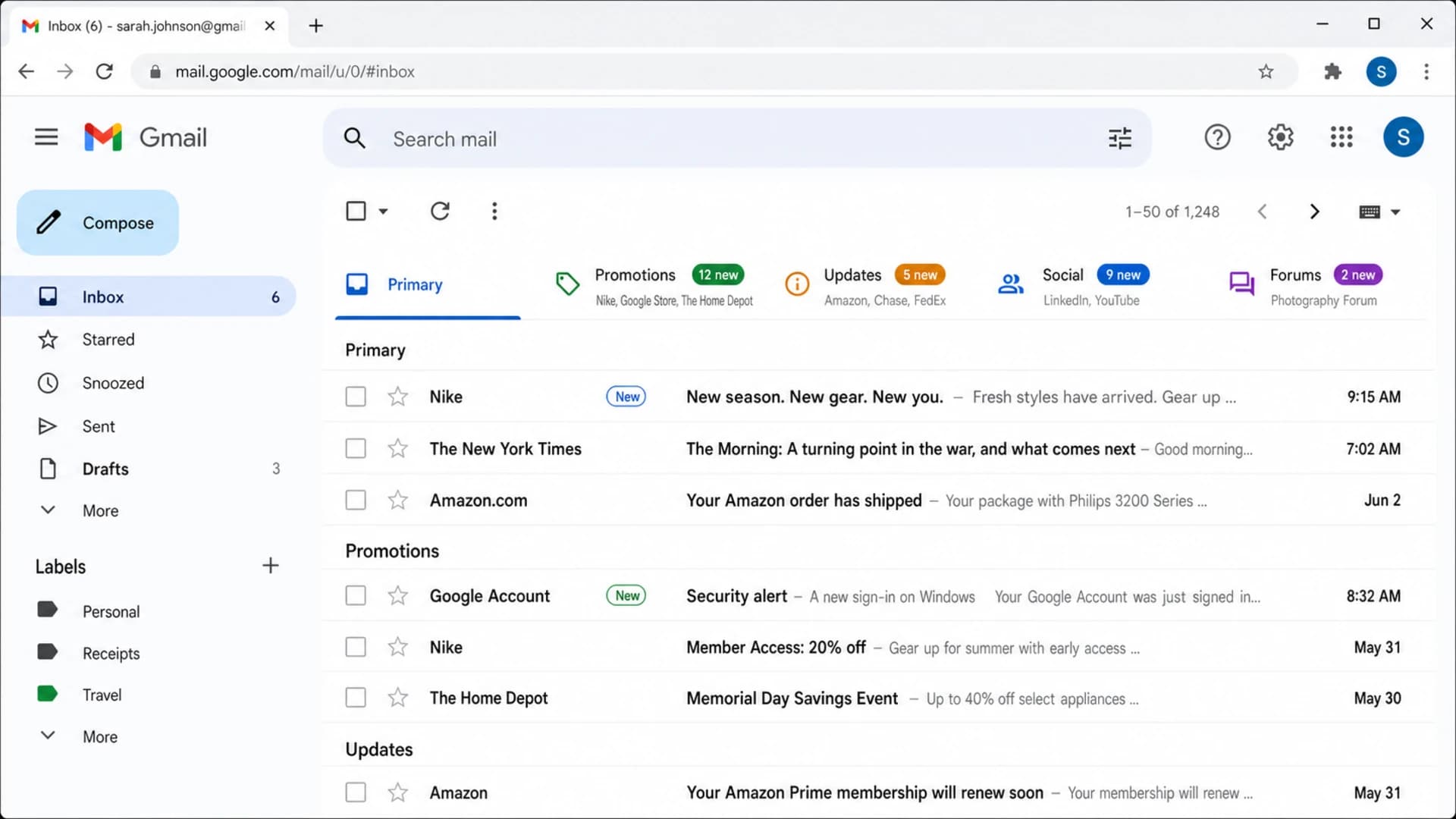 Gmail inbox screenshot showing messages sorted into category tabs.