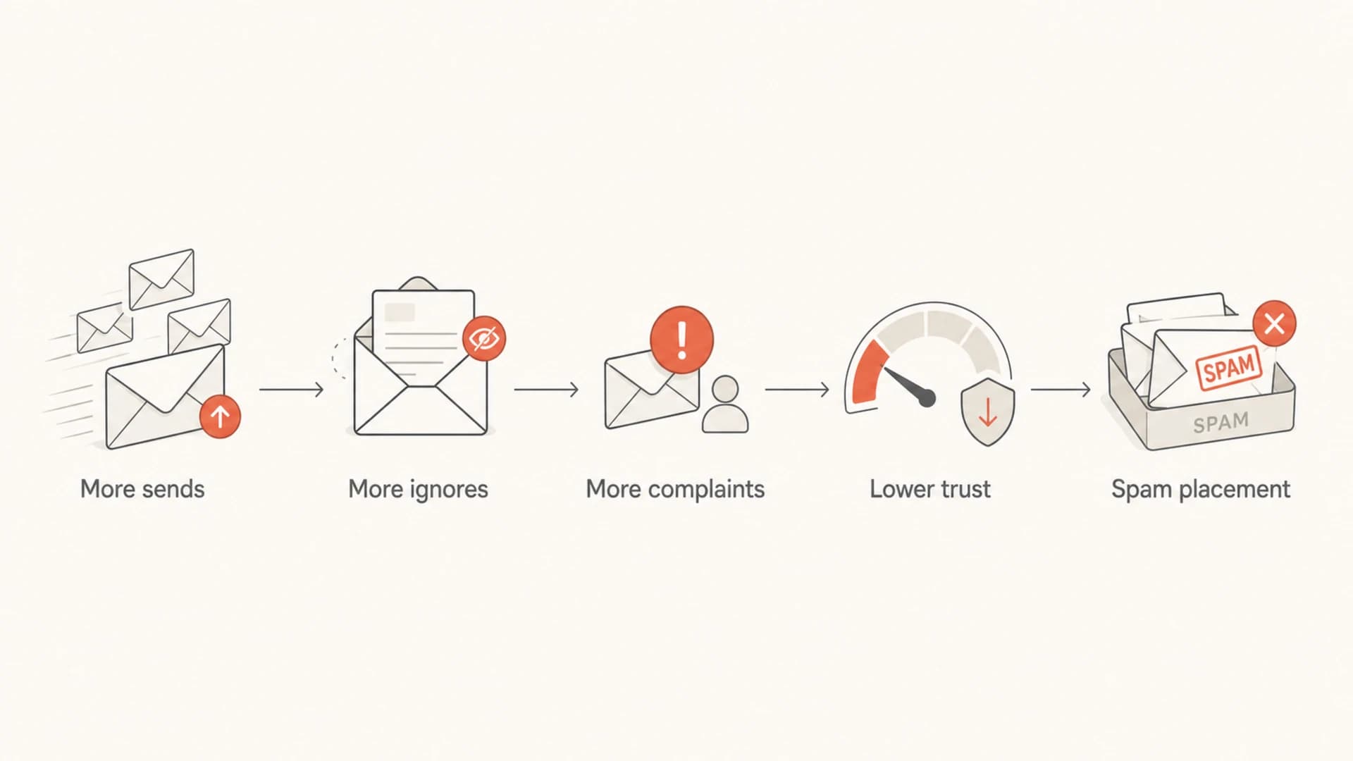Flowchart showing more sends leading to ignores, complaints, lower trust, and spam placement.
