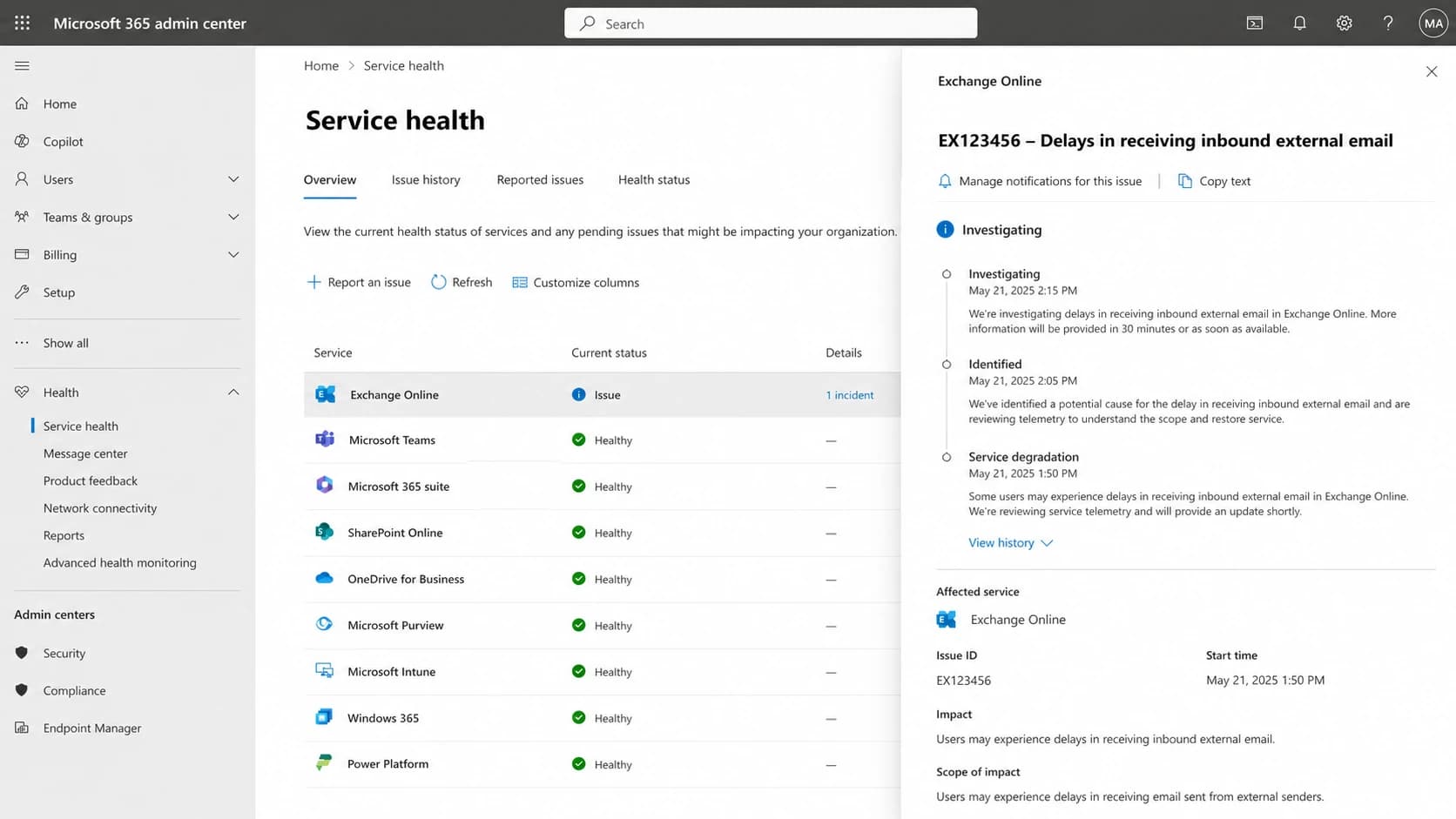 Microsoft 365 admin center Service health screen showing an Exchange Online incident.