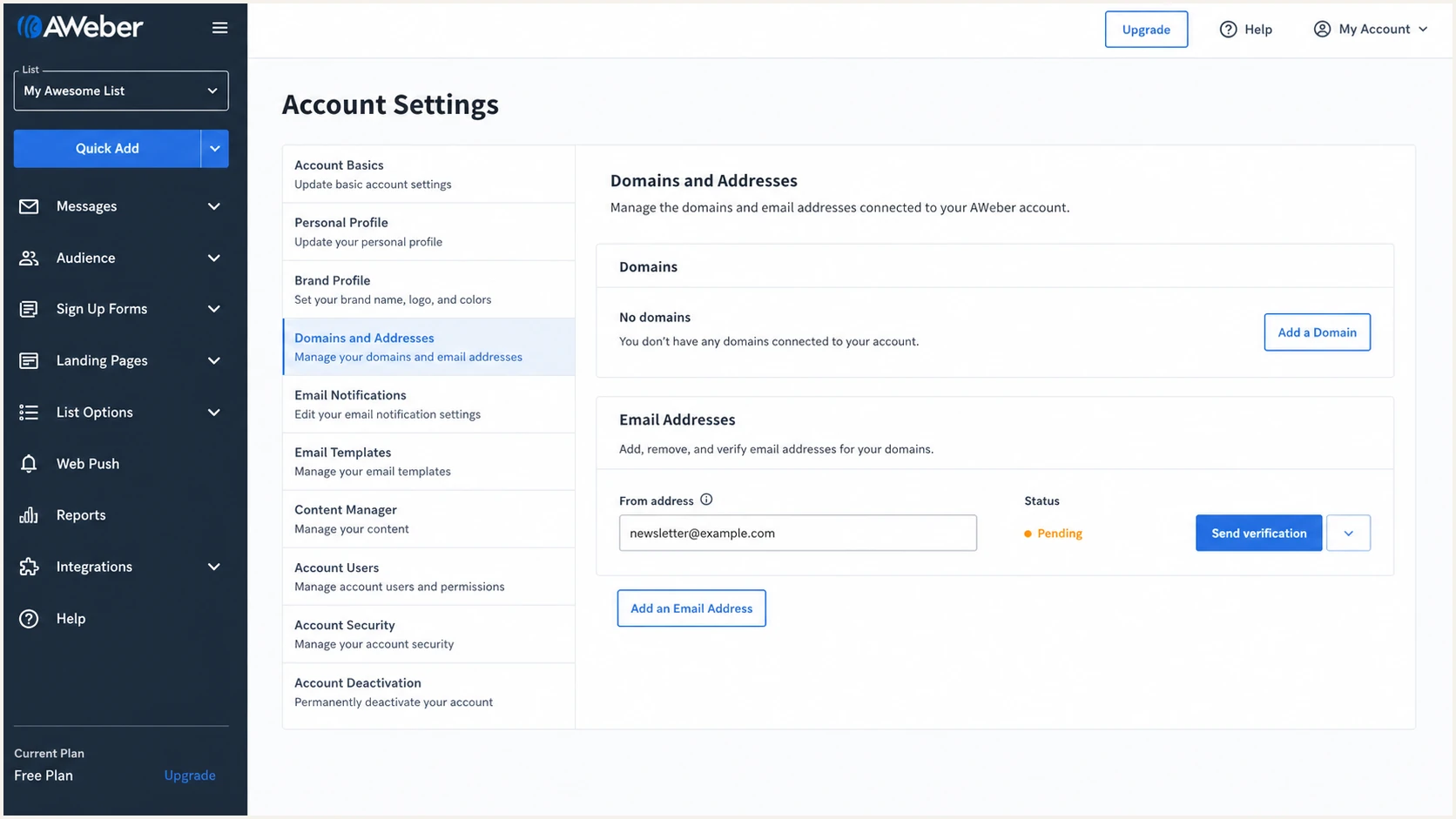 AWeber Domains and Addresses email verification screen