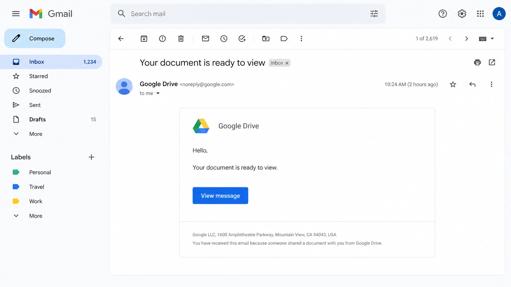 Gmail message view showing a link-only email body.