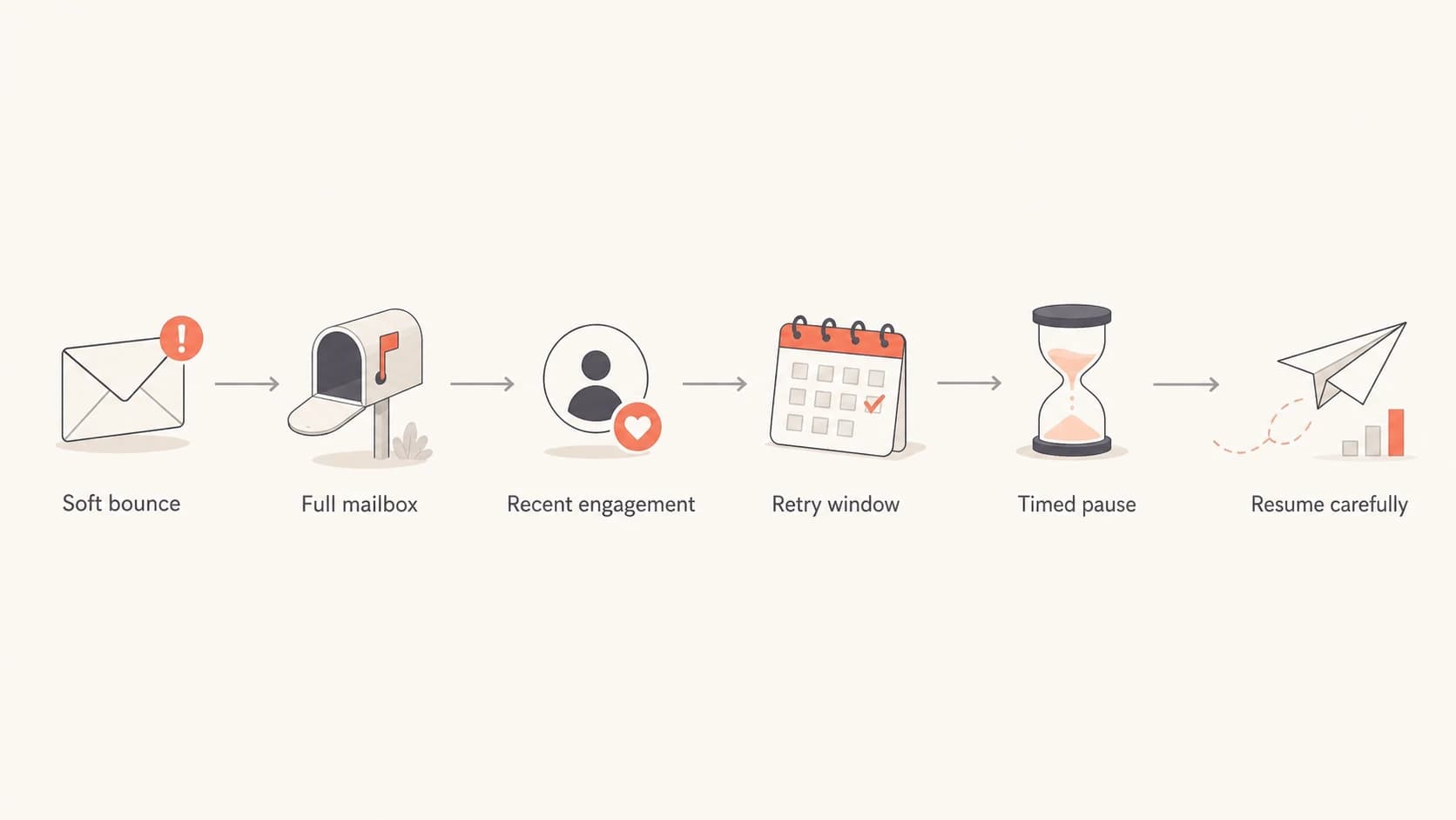Flowchart showing when to retry or pause full mailbox soft bounces.