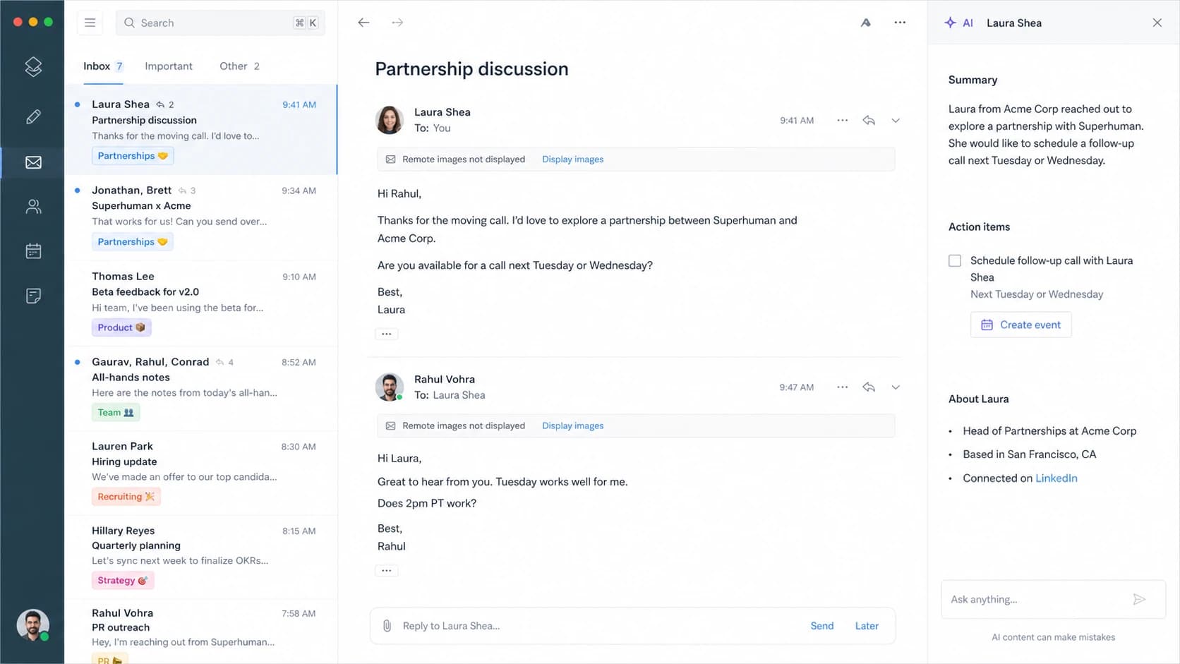 Superhuman inbox screenshot showing AI summary context beside an email thread.