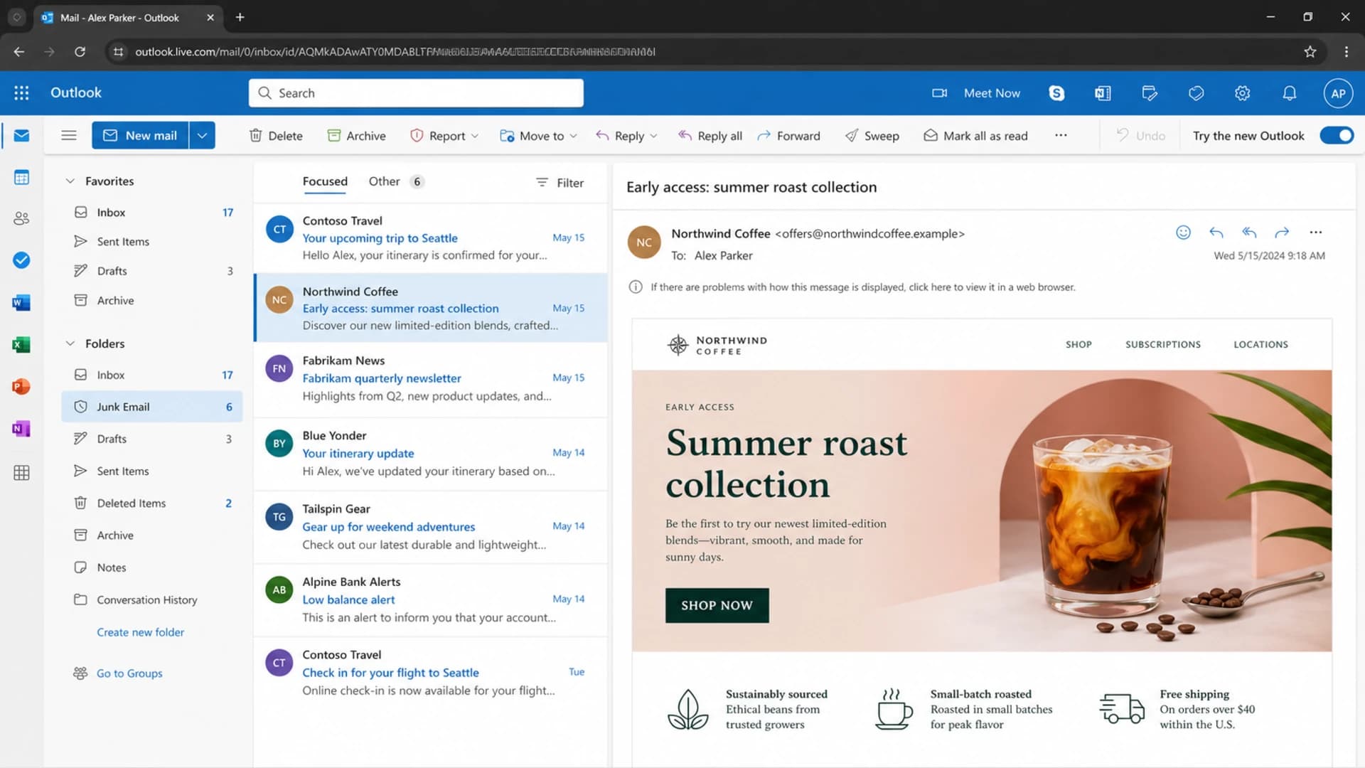 Microsoft Outlook on the web showing inbox and junk folder context.