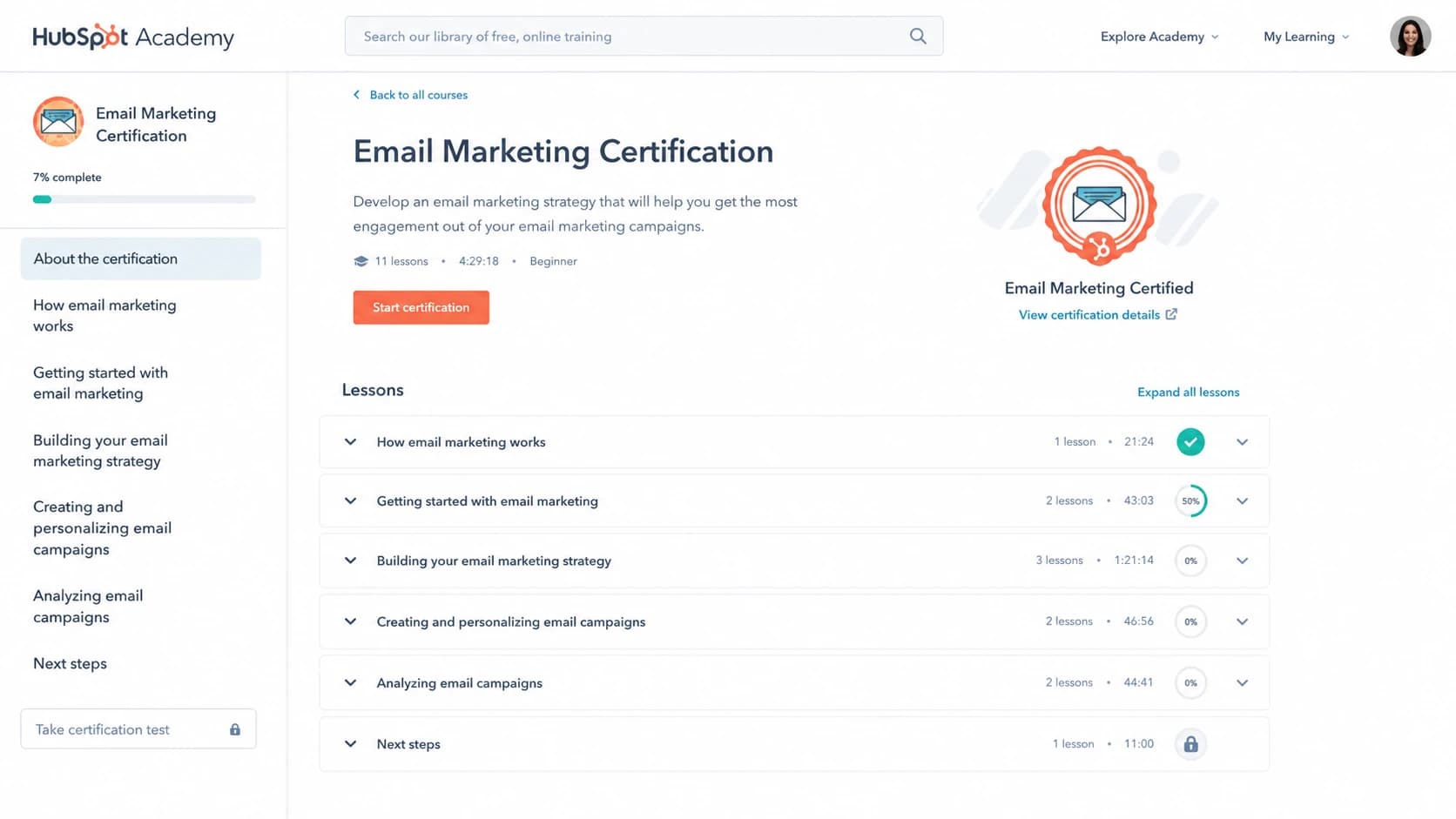 Screenshot-style view of a HubSpot Academy email marketing course page with lessons and certification details.