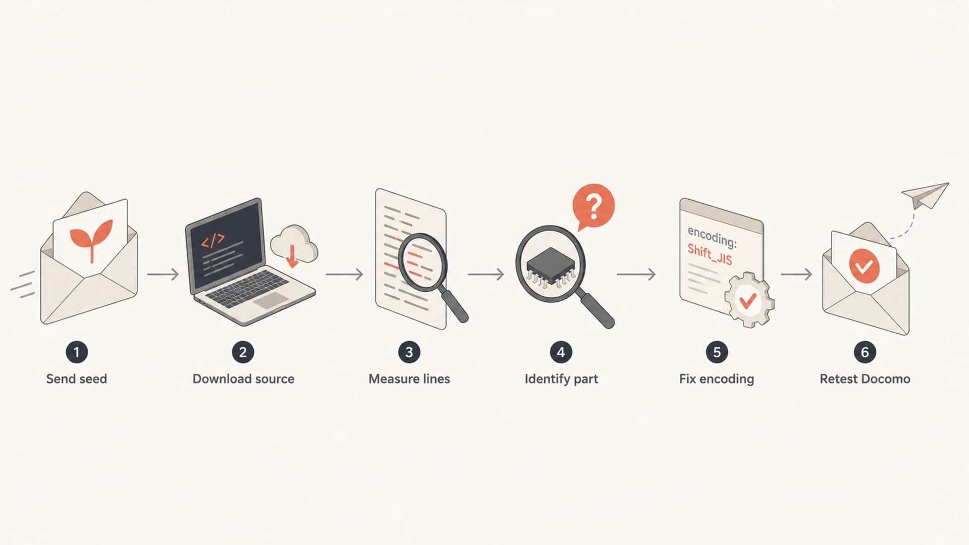 Flowchart showing how to find and fix a long raw email line.