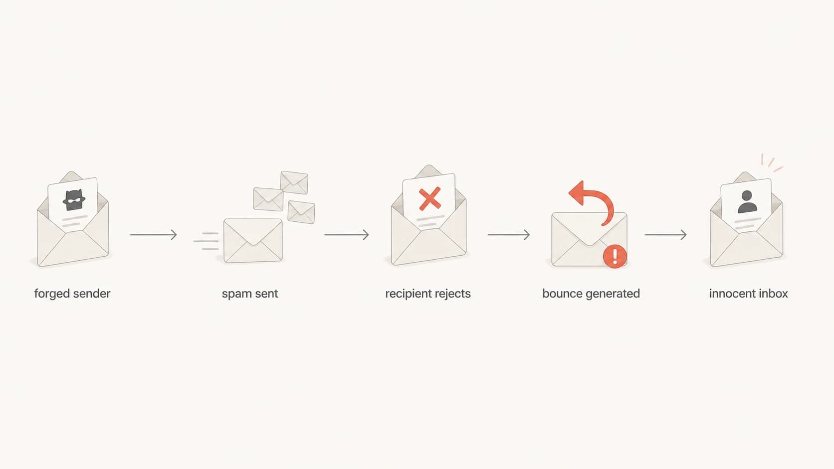 Flowchart showing forged sender, rejected email, and bounce sent to the innocent inbox.