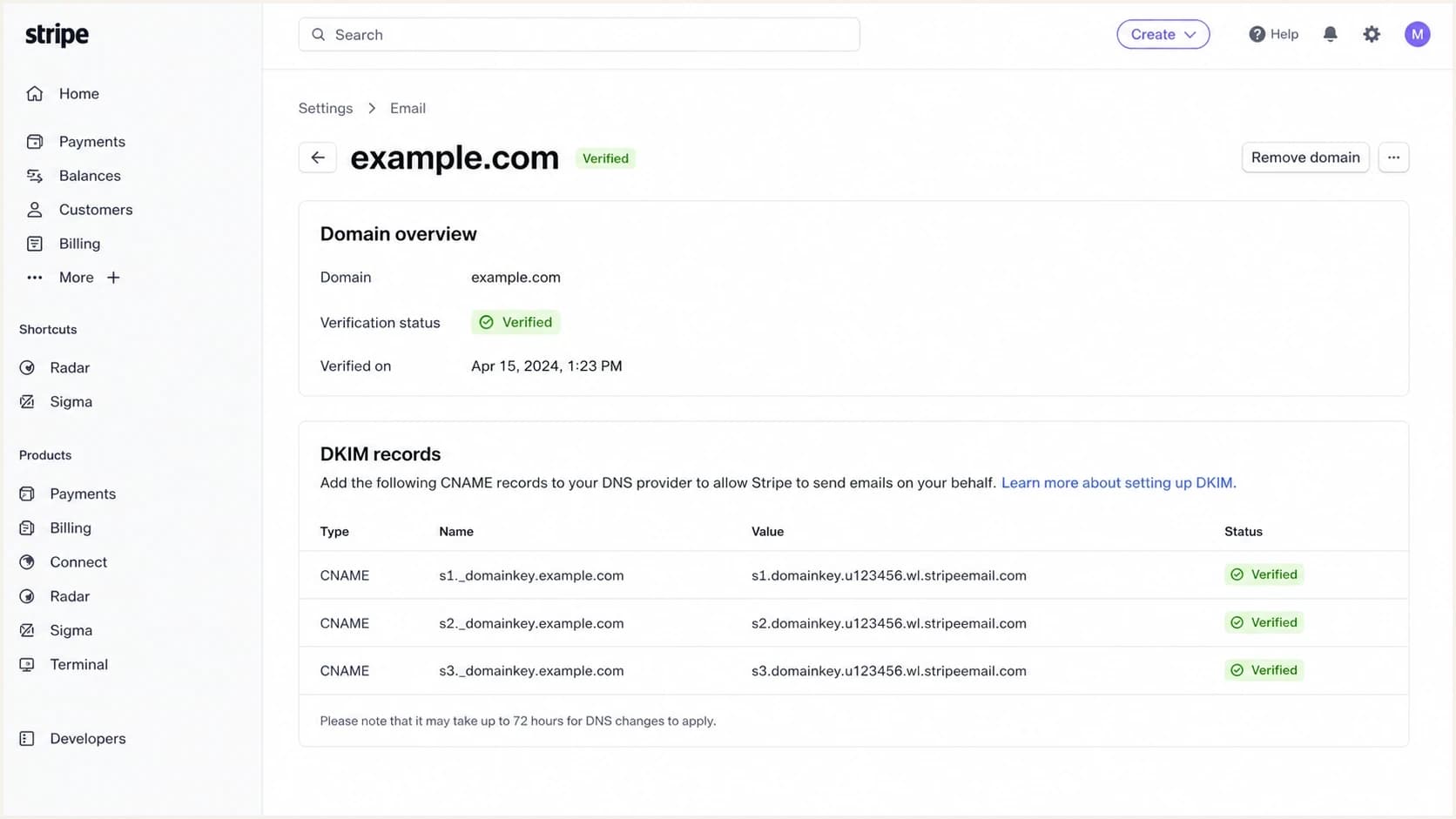 Stripe DKIM CNAME records in the custom email domain verification table.