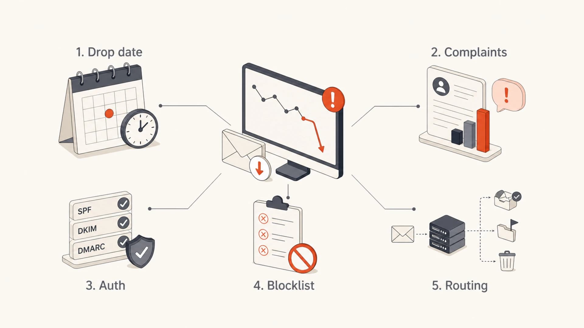 Infographic showing drop date, complaints, authentication, blocklist, and routing checks.