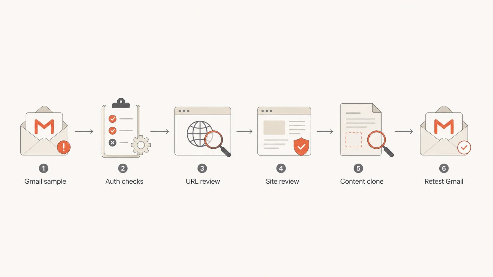 A six-step flowchart for diagnosing a Gmail safety warning.