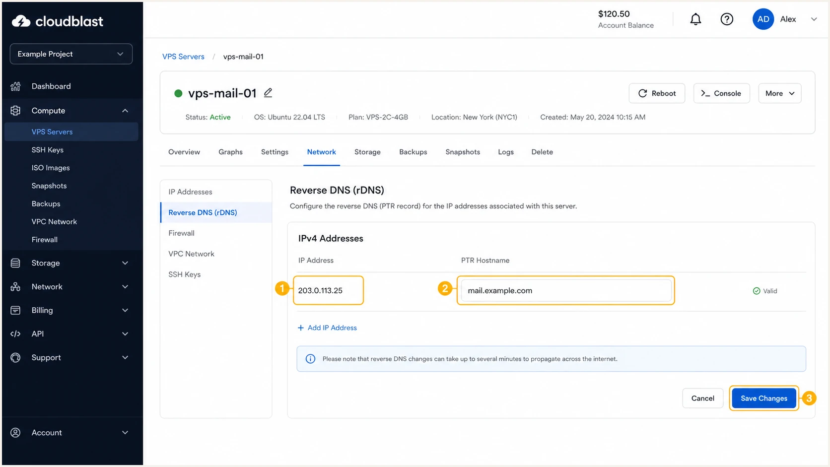 Cloudblast server IP and reverse DNS settings