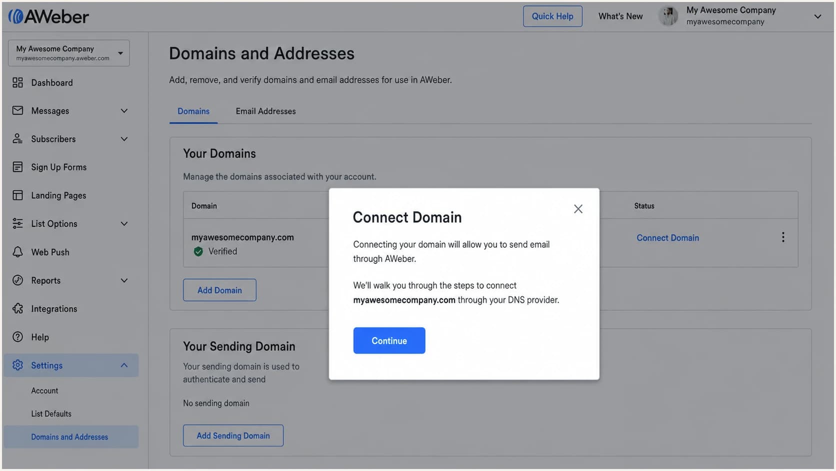 AWeber Connect Domain prompt for automated DNS setup