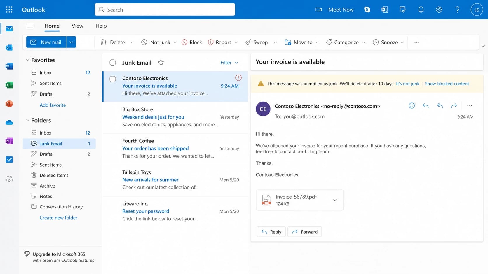 Outlook.com webmail showing a selected message in the Junk Email folder.