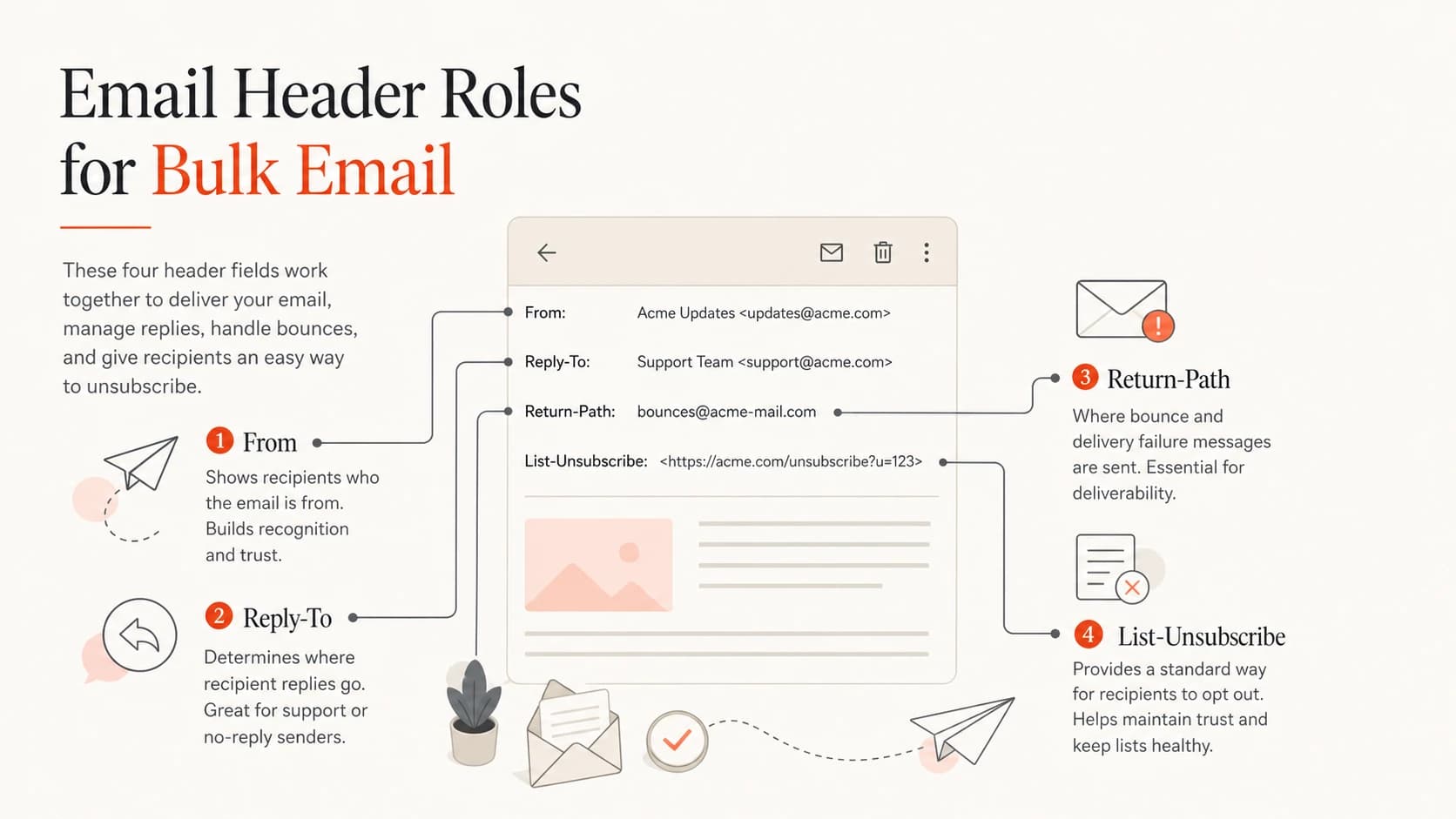 Infographic showing From, Reply-To, Return-Path, and List-Unsubscribe roles.