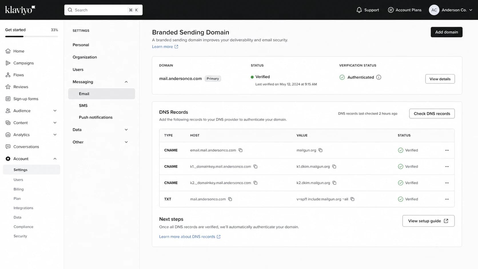 Klaviyo branded sending domain setup screen with DNS verification status.