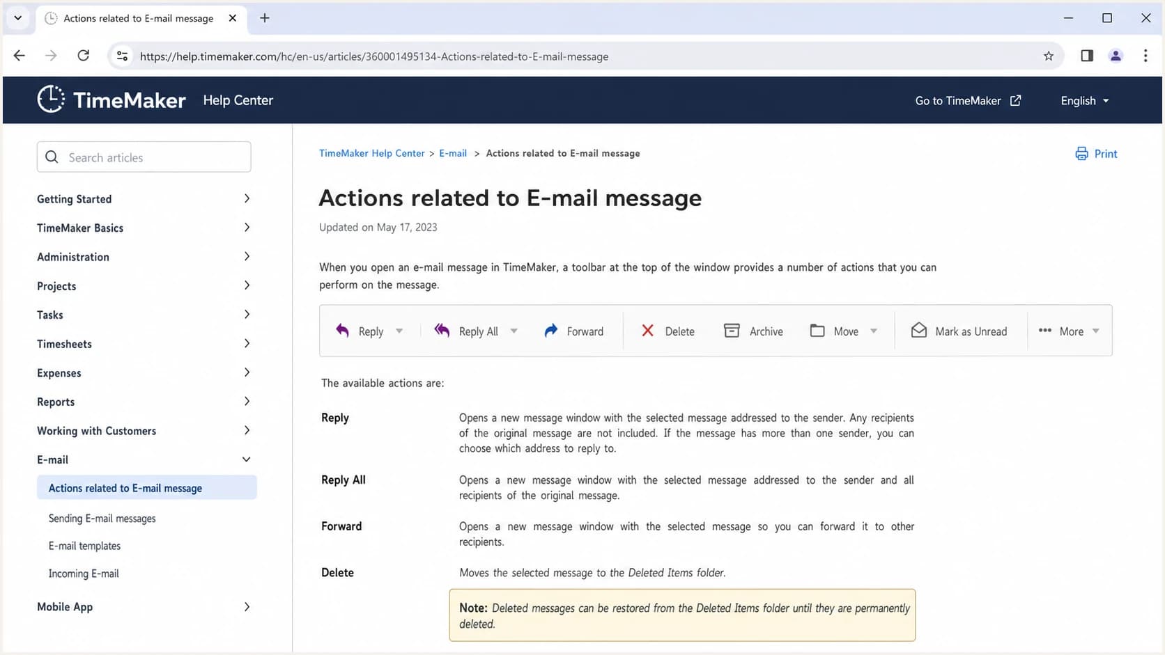 TimeMaker Help Center documentation showing email message action toolbar details.