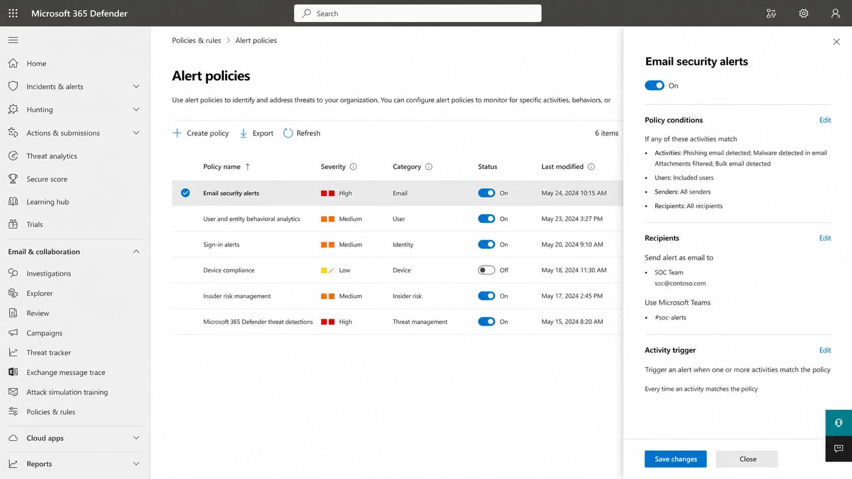 Microsoft Defender portal alert policies screen used to inspect tenant-side alerts.