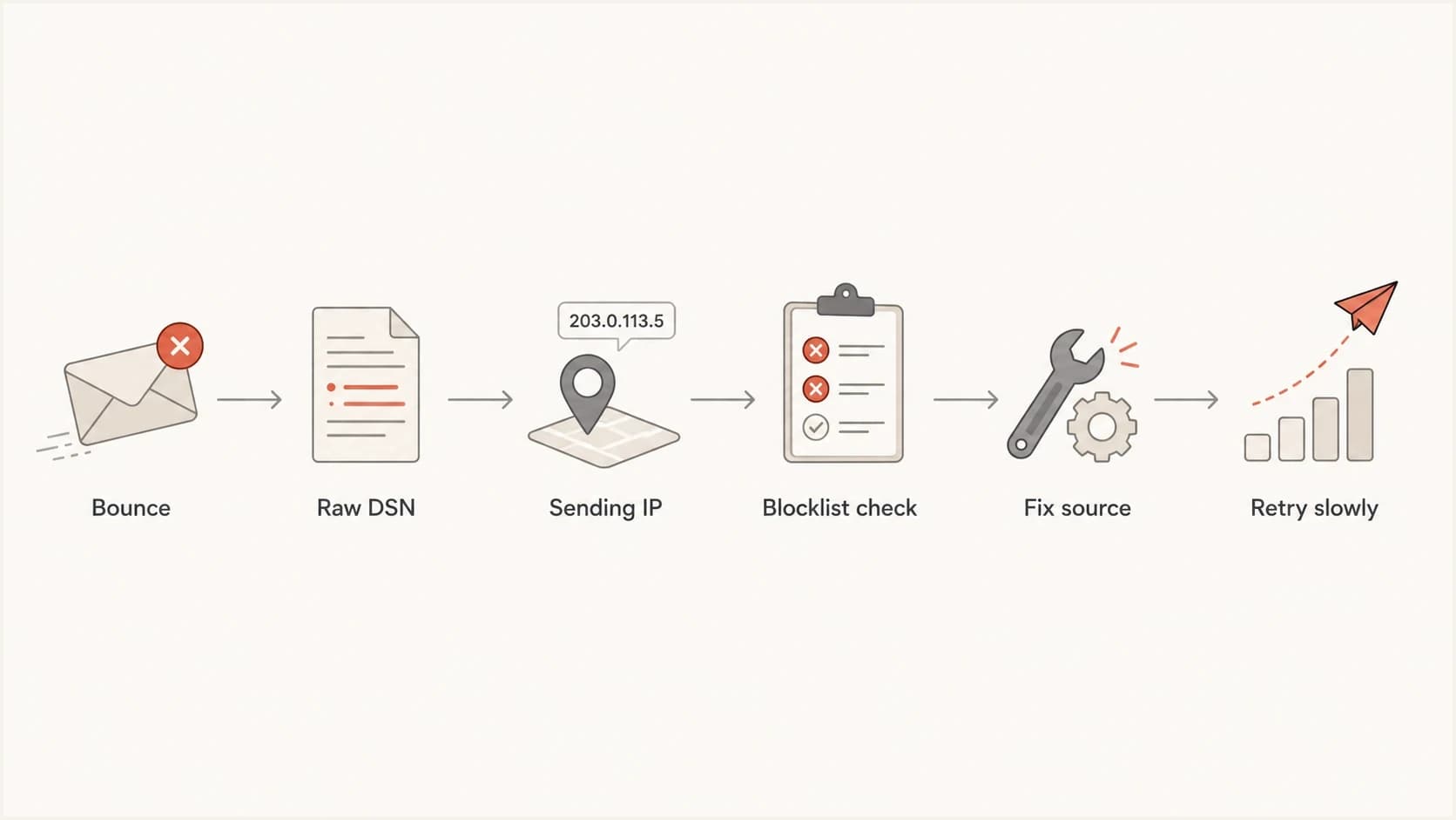 Flowchart showing how to move from a bounce label to a verified Spamhaus fix.