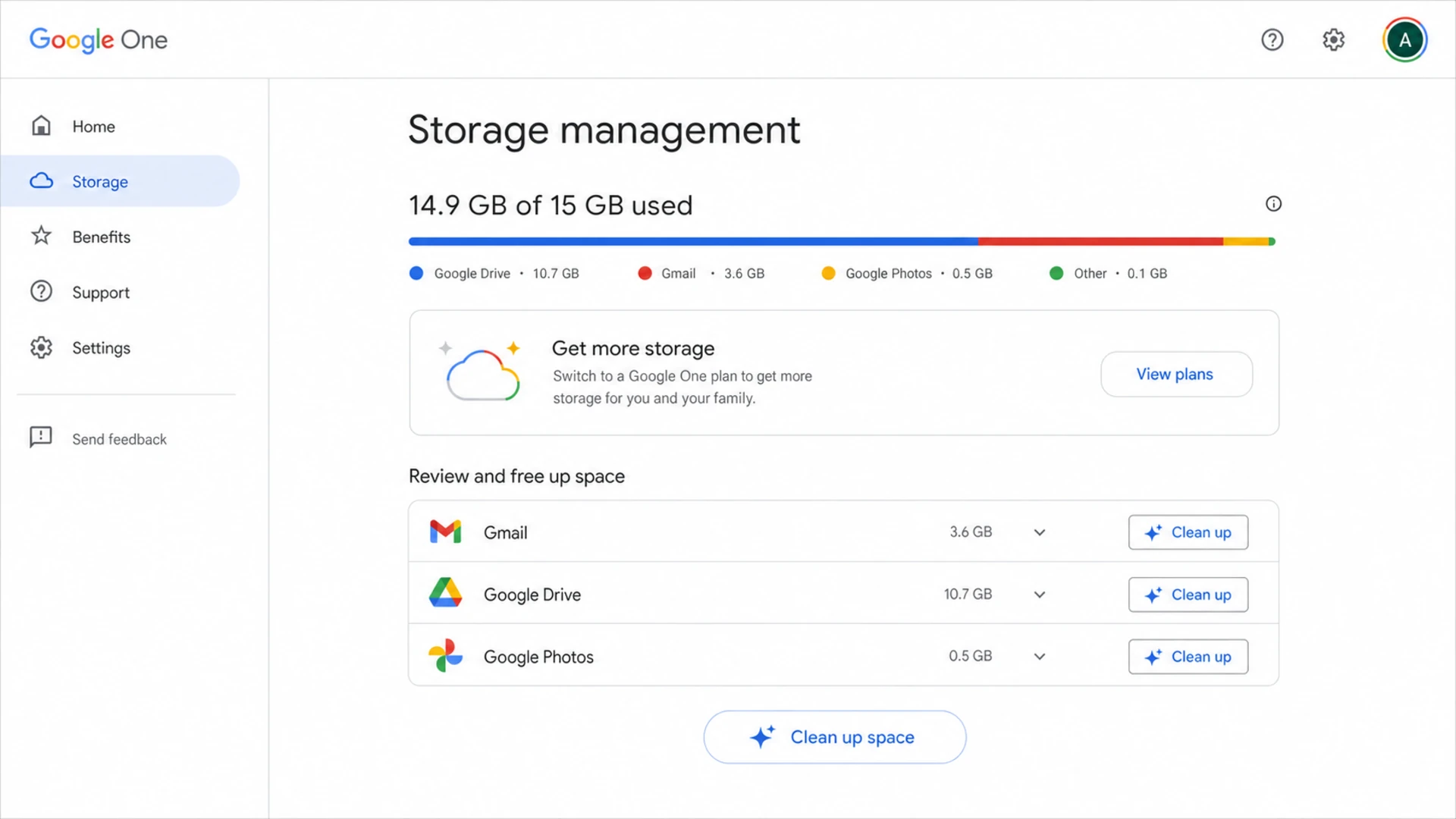 Google One storage screen showing Gmail, Drive, and Photos sharing account storage.