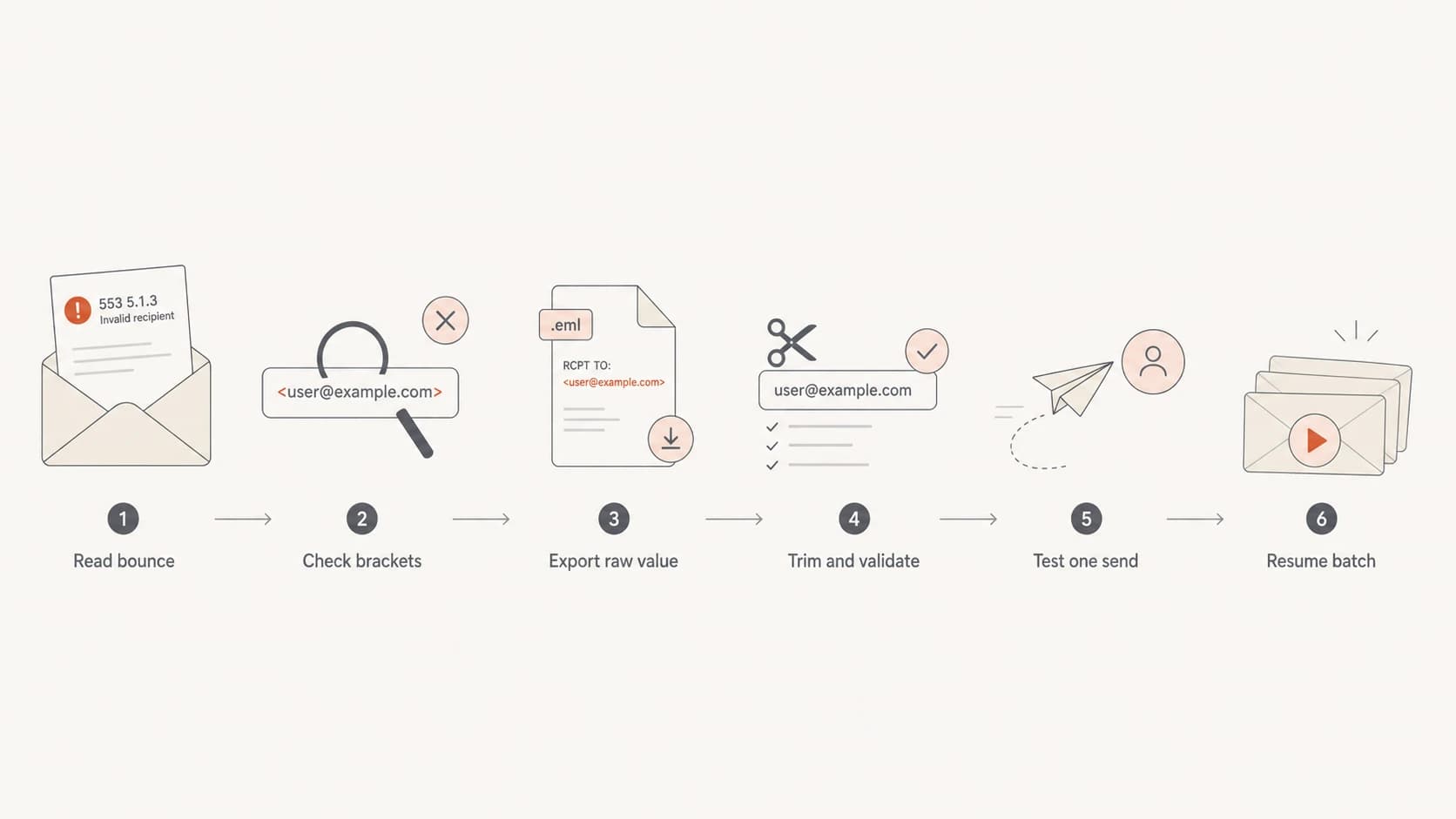 A flowchart for triaging Gmail 553 5.1.3 invalid recipient address bounces.