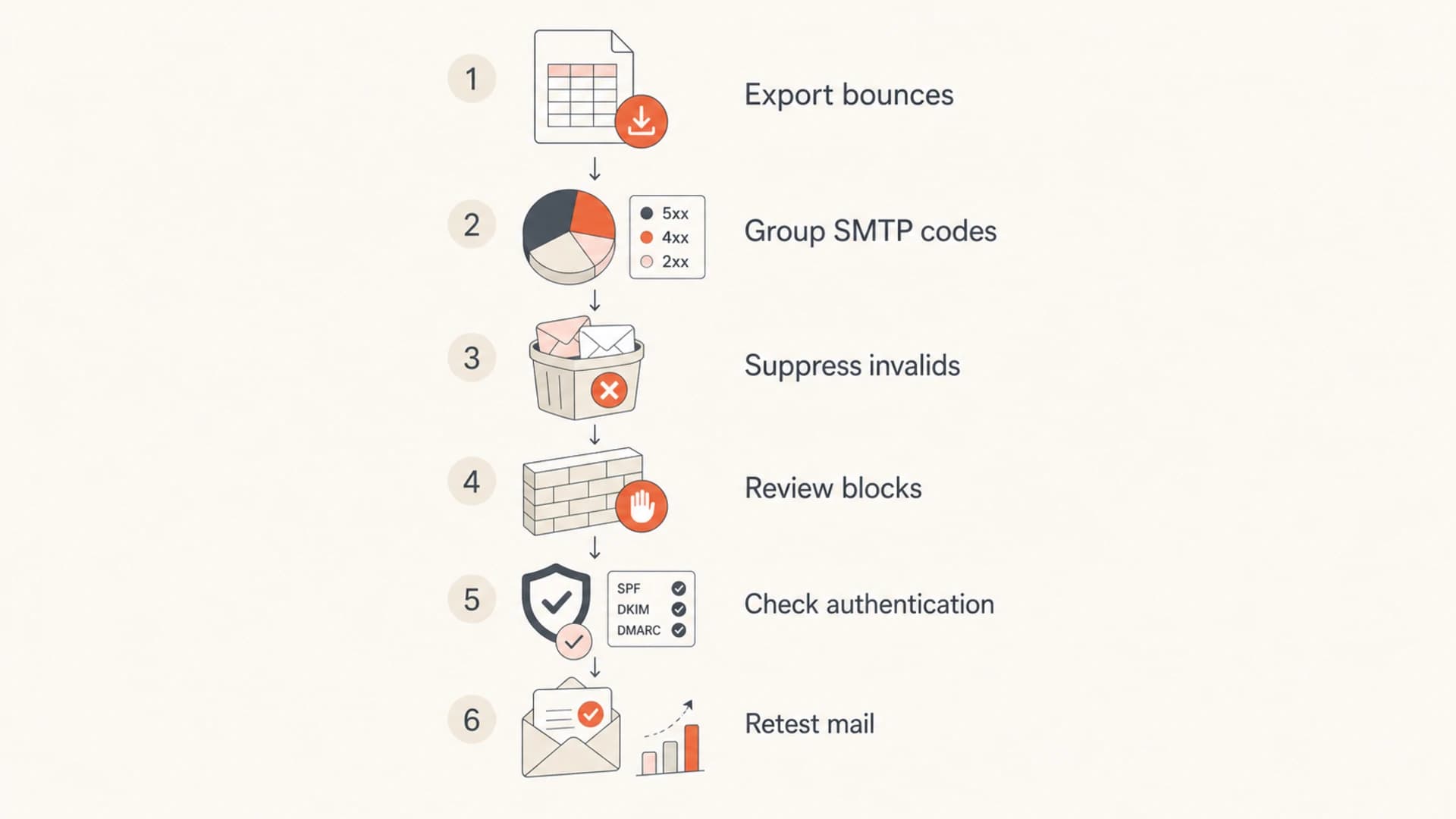 A six-step flow for diagnosing falling delivery rate by grouping bounces and checking authentication.