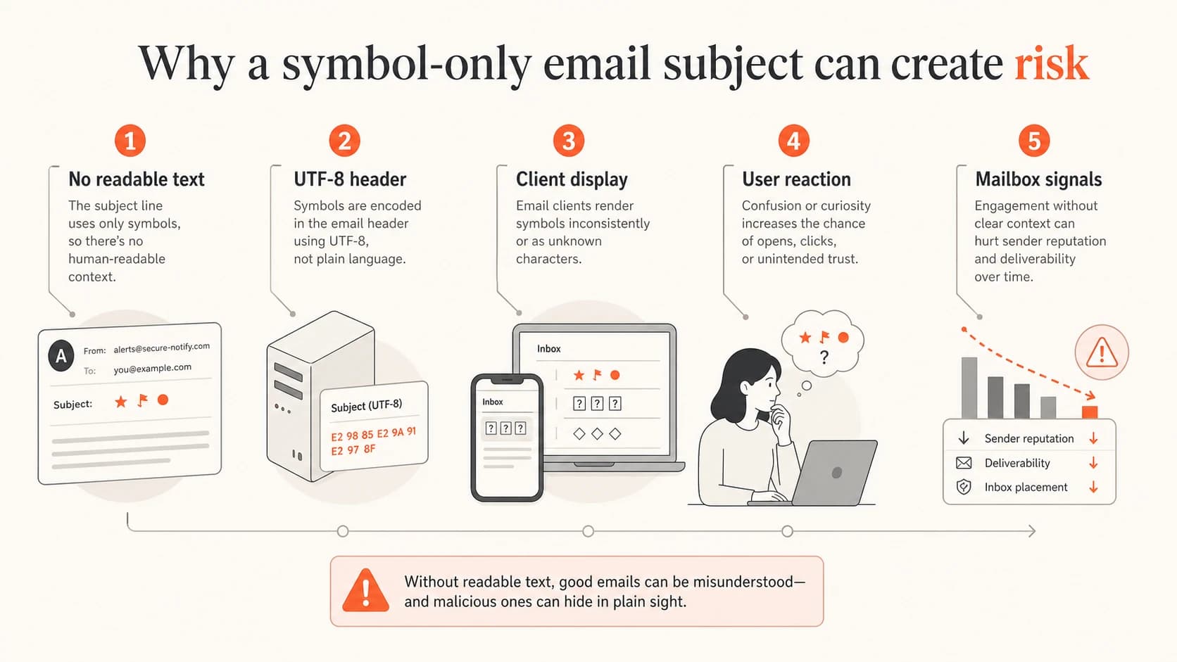 Infographic showing how symbol-only subjects create filtering and display risk